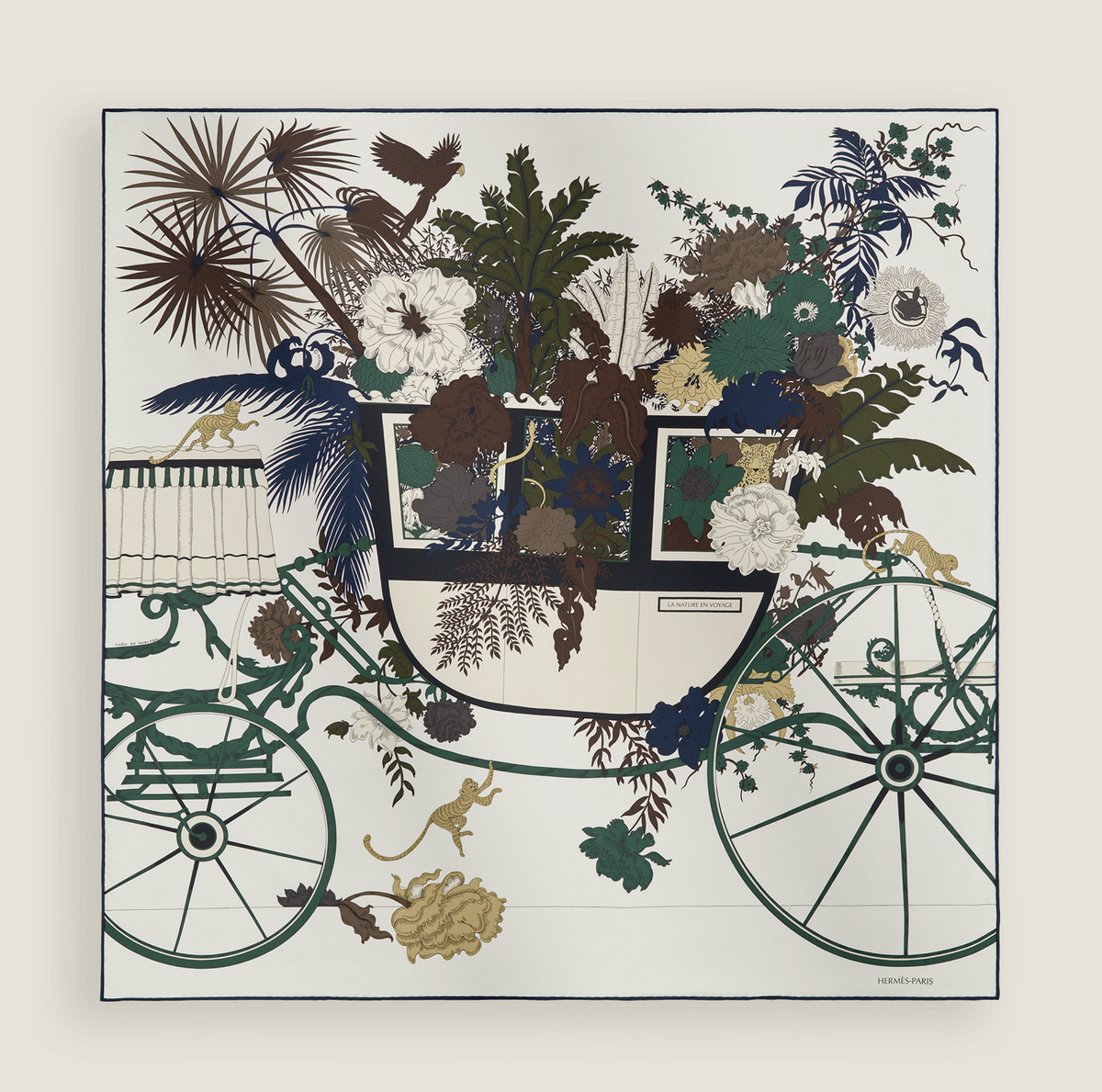 HERMÈS SCARF90X90 CARRE TWILL LA NATURE EN VOYAGE ON/BLANC/VERT
