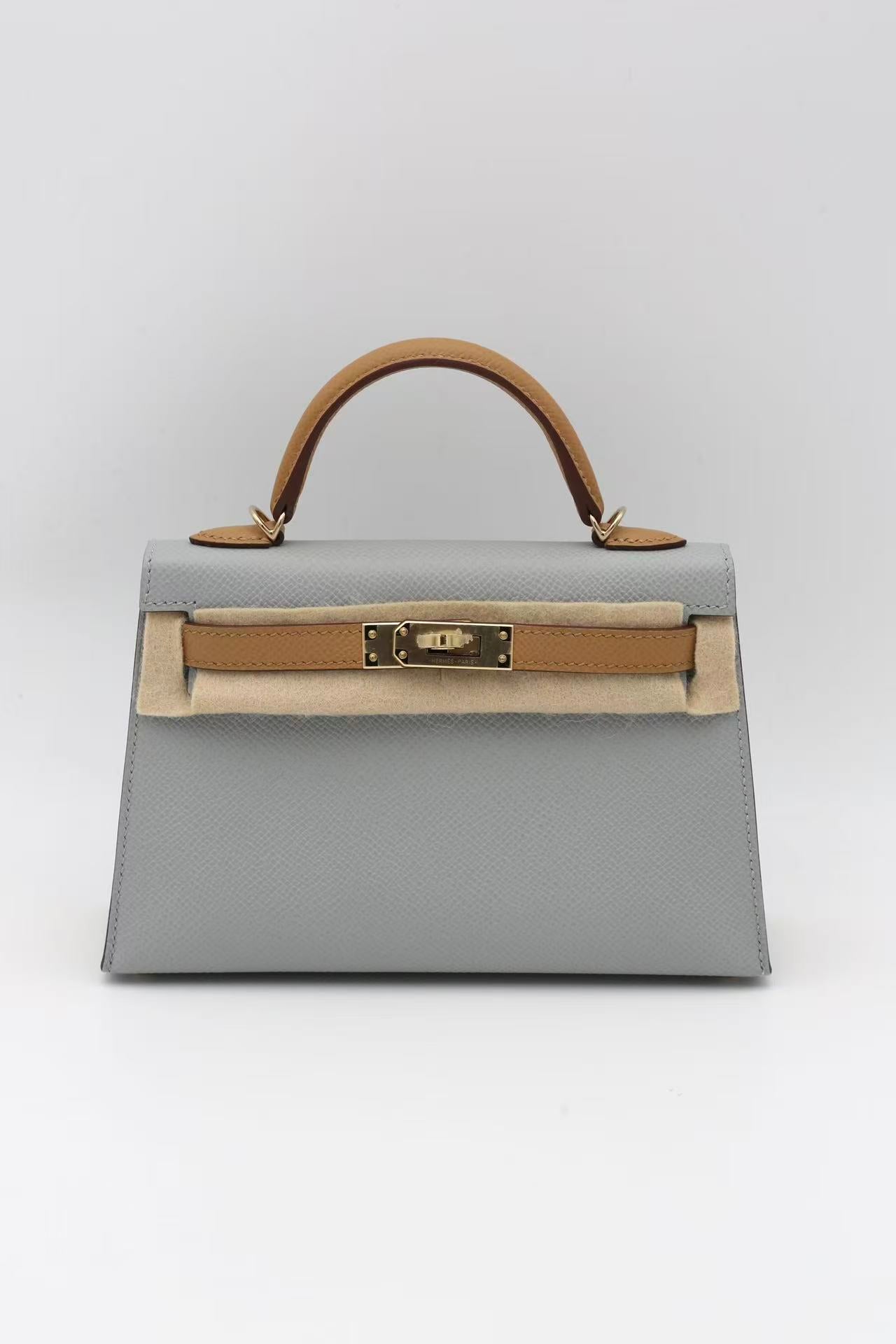 HERMÈS MINI KELLY II GREY & GOLD SELLIER EPSOM GOLD HARDWARE W STAMP