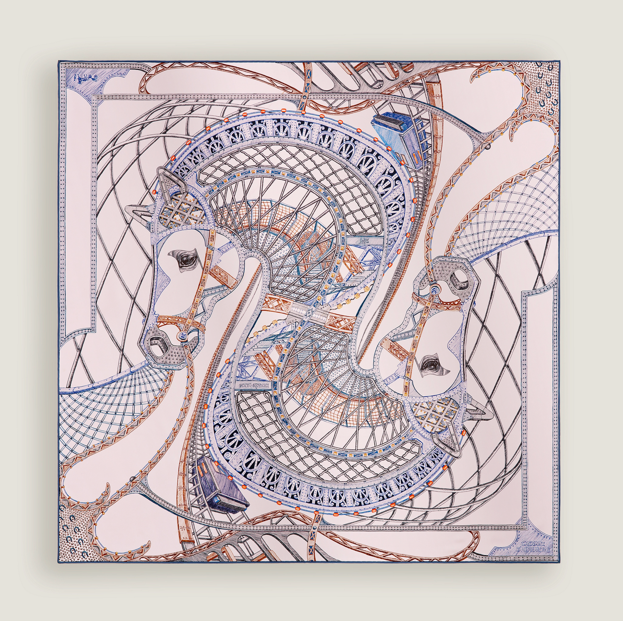 HERMÈS SCARF90X90 CHEVAUX D'HEPHAISTOS ROSE NACRE/BLEU/CUIR