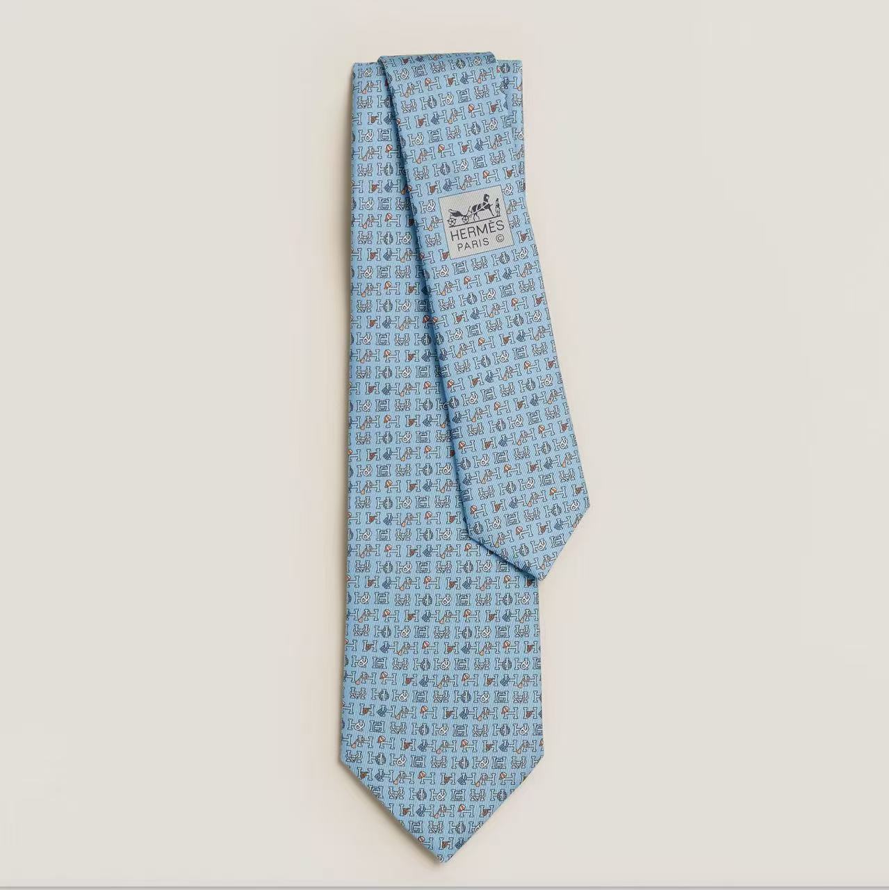 HERMÈS CRAVATE TWILL TIE 7 H COLLECTION CIEL/BLEU GRISE/GOLD