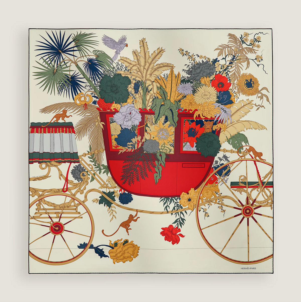 HERMÈS SCARF90X90 CARRE TWILL LA NATURE EN VOYAGE JU/IVOIRE/ROUGE H/VERT