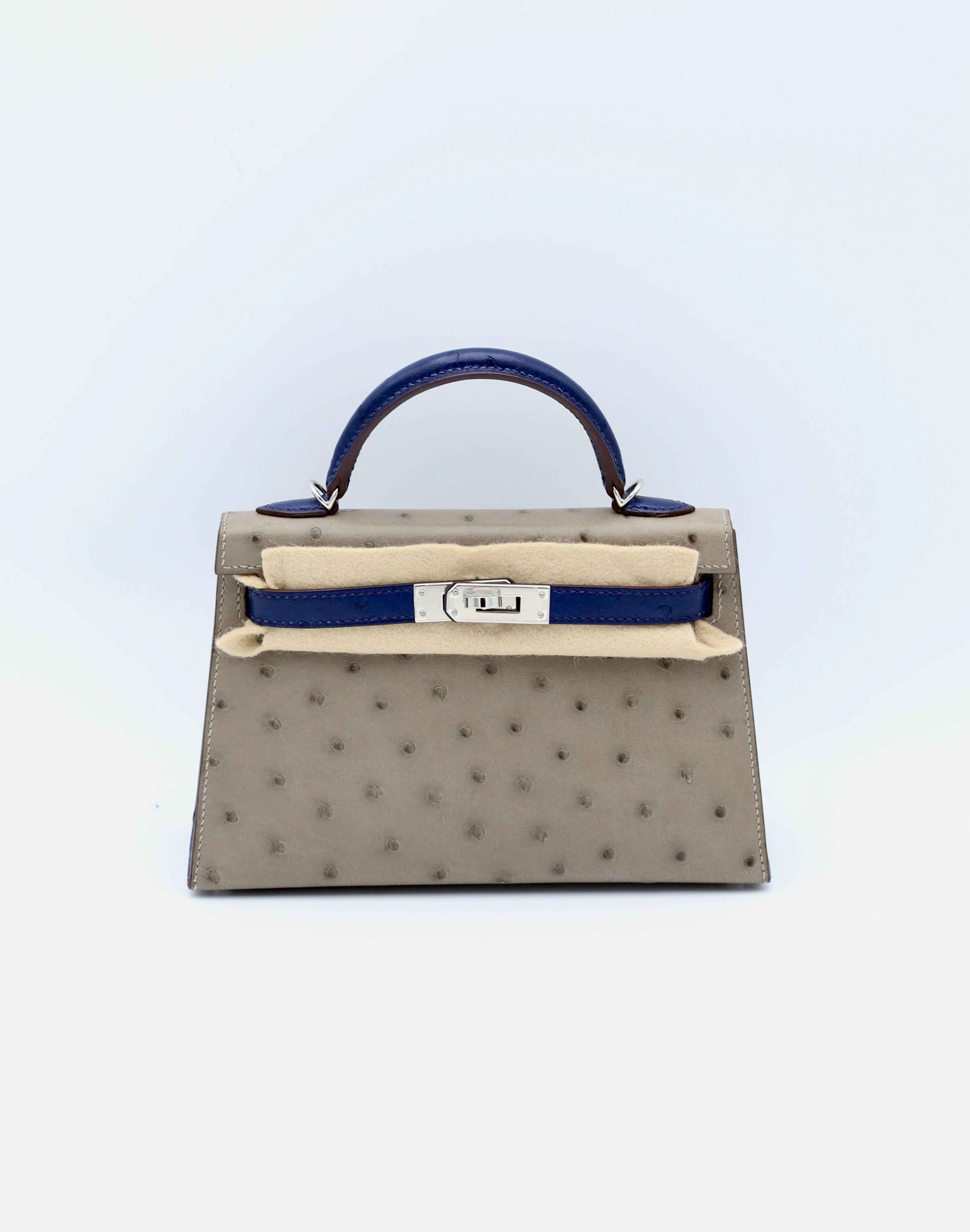 HERMÈS MINI KELLY II MOUSSE OSTRICH BLEU IRIS SILVER HARDWARE Y STAMP