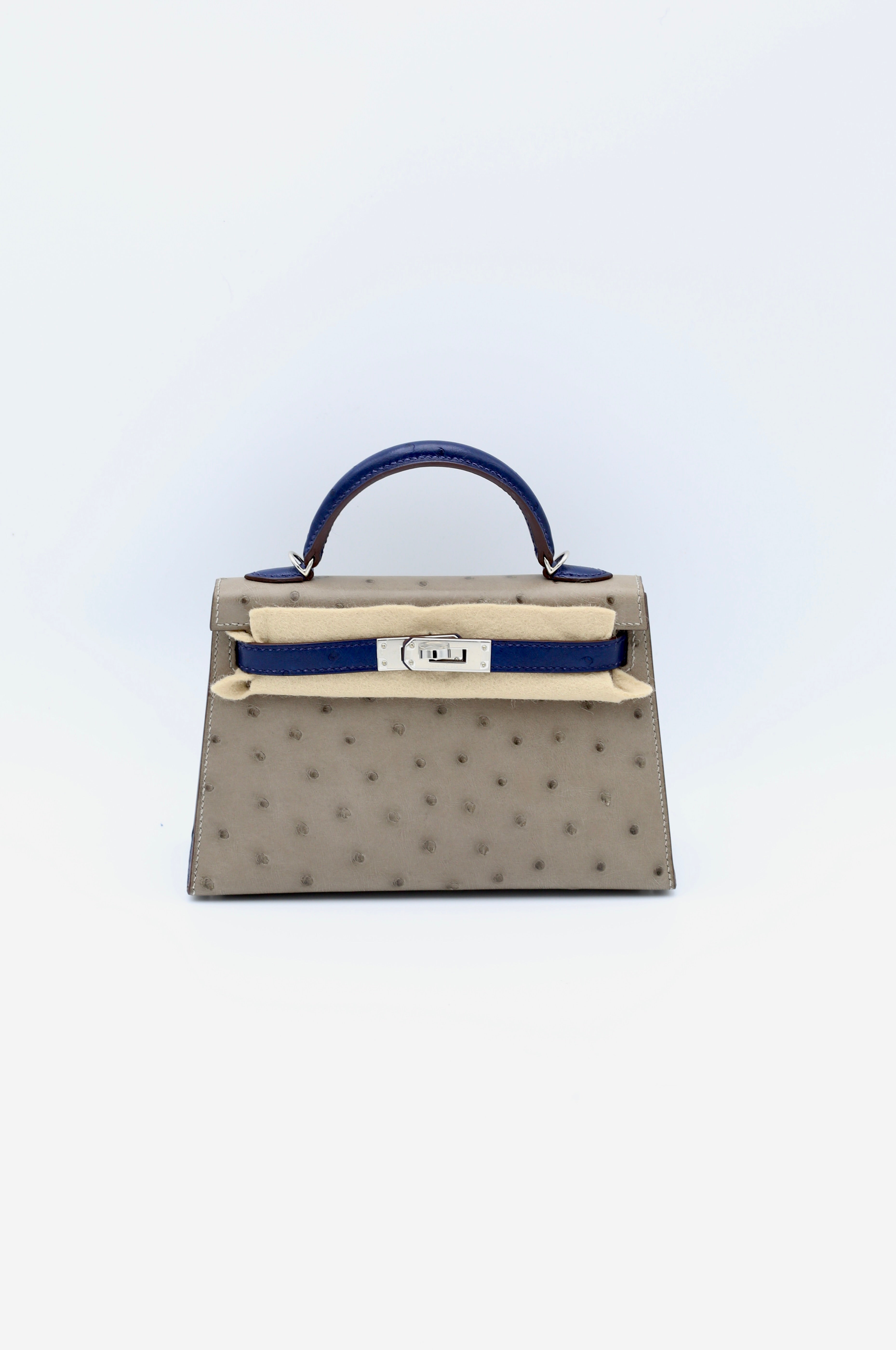 HERMÈS MINI KELLY II MOUSSE OSTRICH BLEU IRIS SILVER HARDWARE Y STAMP