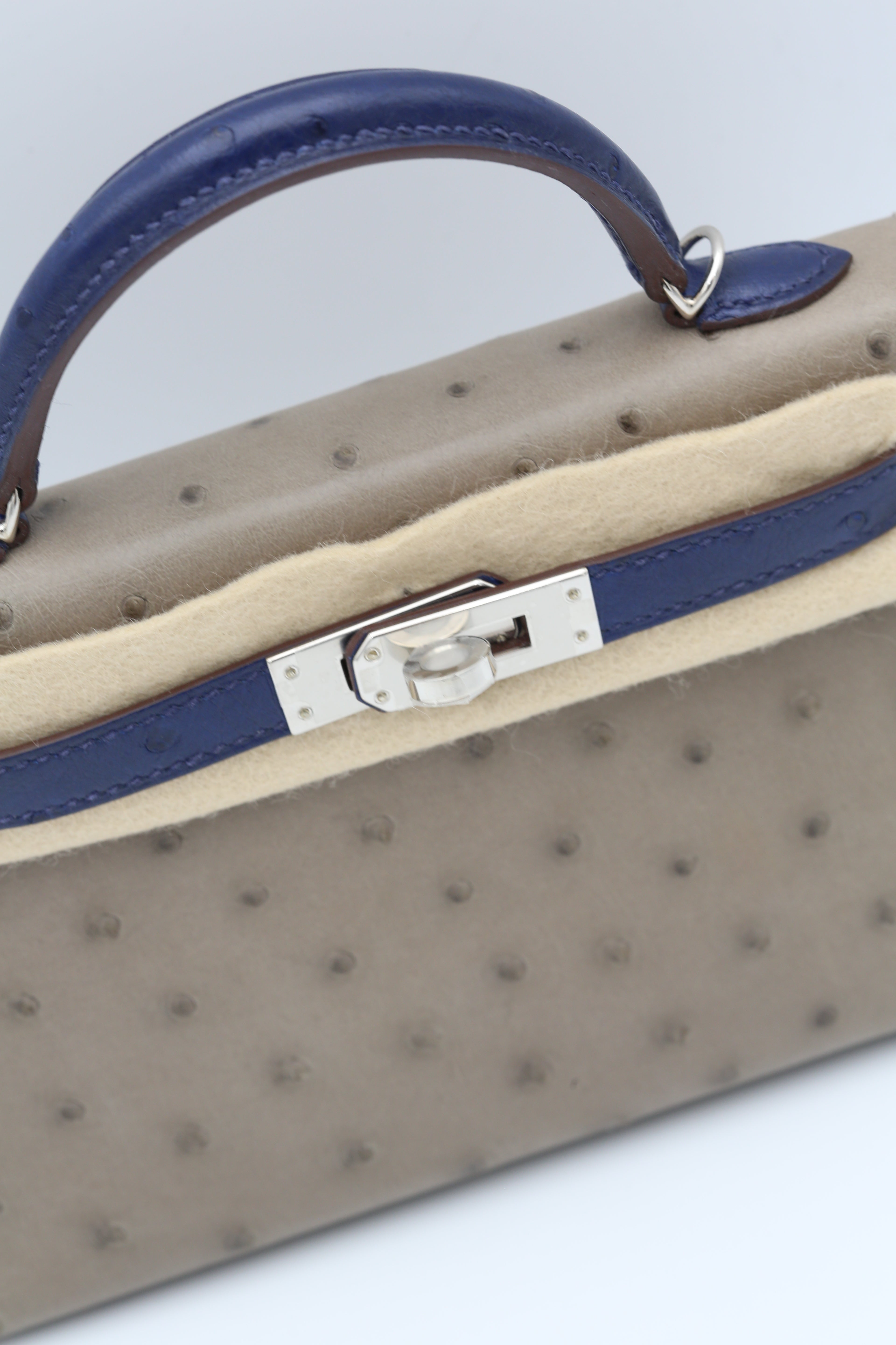 HERMÈS MINI KELLY II MOUSSE OSTRICH BLEU IRIS SILVER HARDWARE Y STAMP