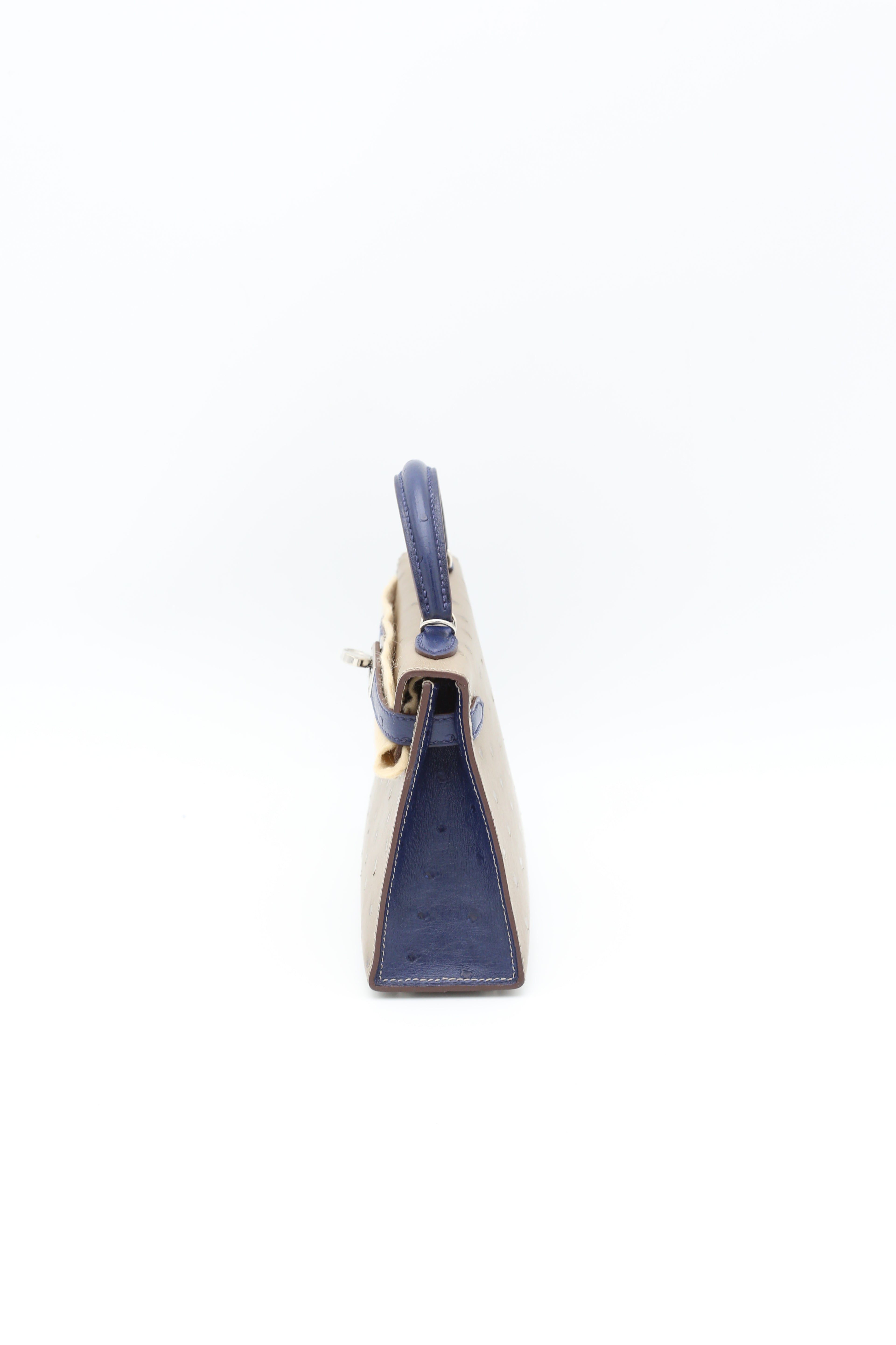 HERMÈS MINI KELLY II MOUSSE OSTRICH BLEU IRIS SILVER HARDWARE Y STAMP
