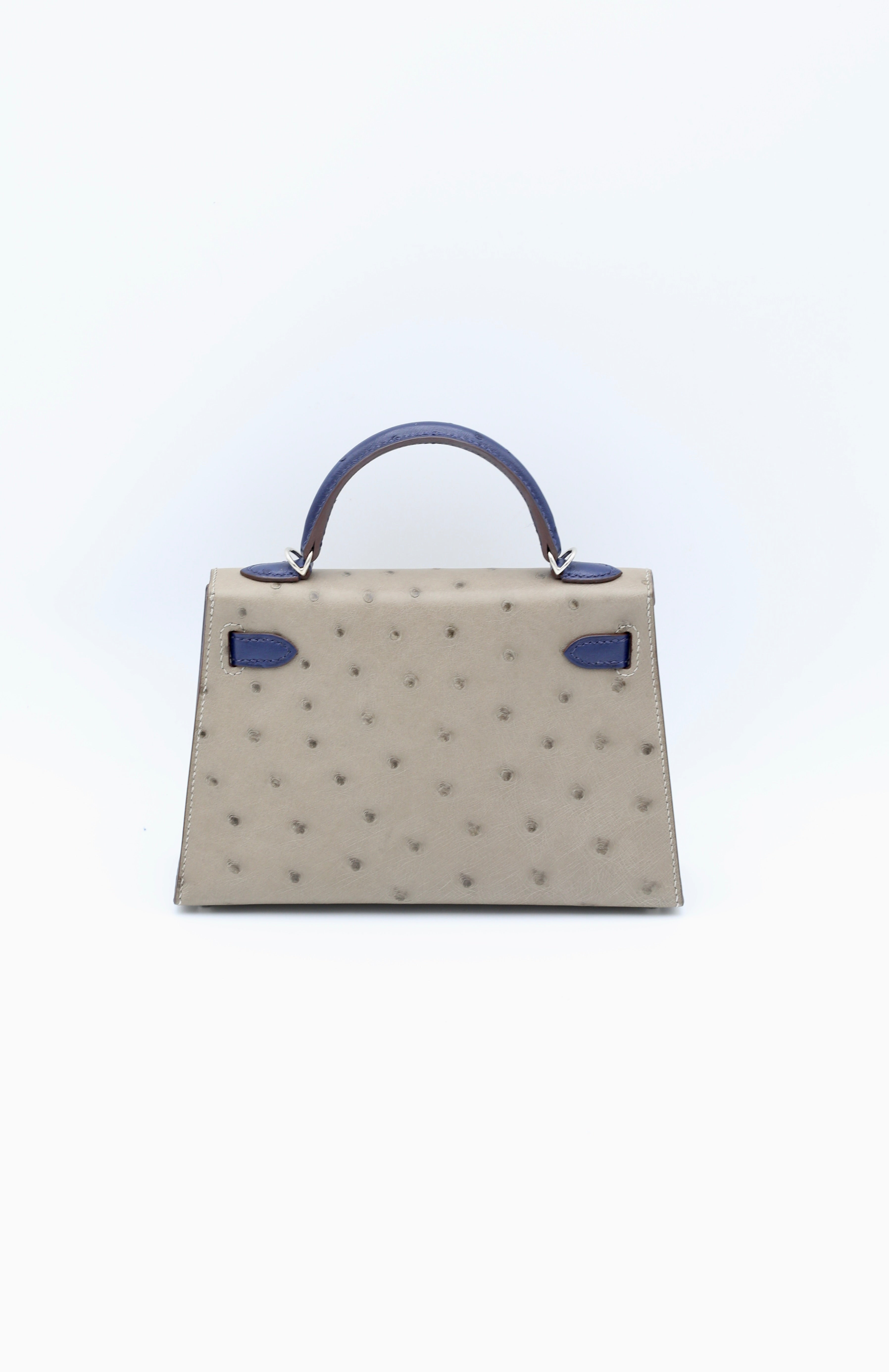 HERMÈS MINI KELLY II MOUSSE OSTRICH BLEU IRIS SILVER HARDWARE Y STAMP