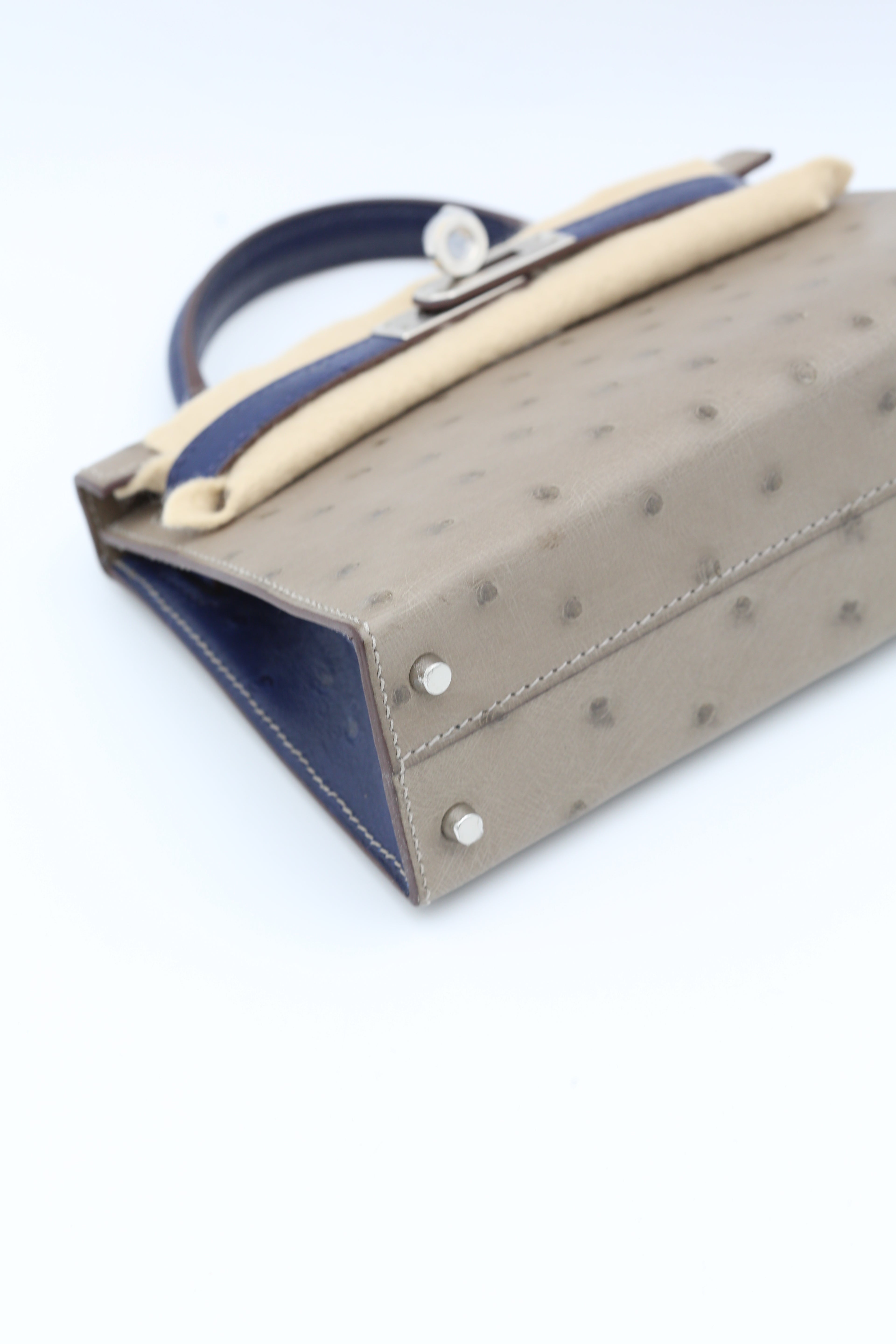 HERMÈS MINI KELLY II MOUSSE OSTRICH BLEU IRIS SILVER HARDWARE Y STAMP