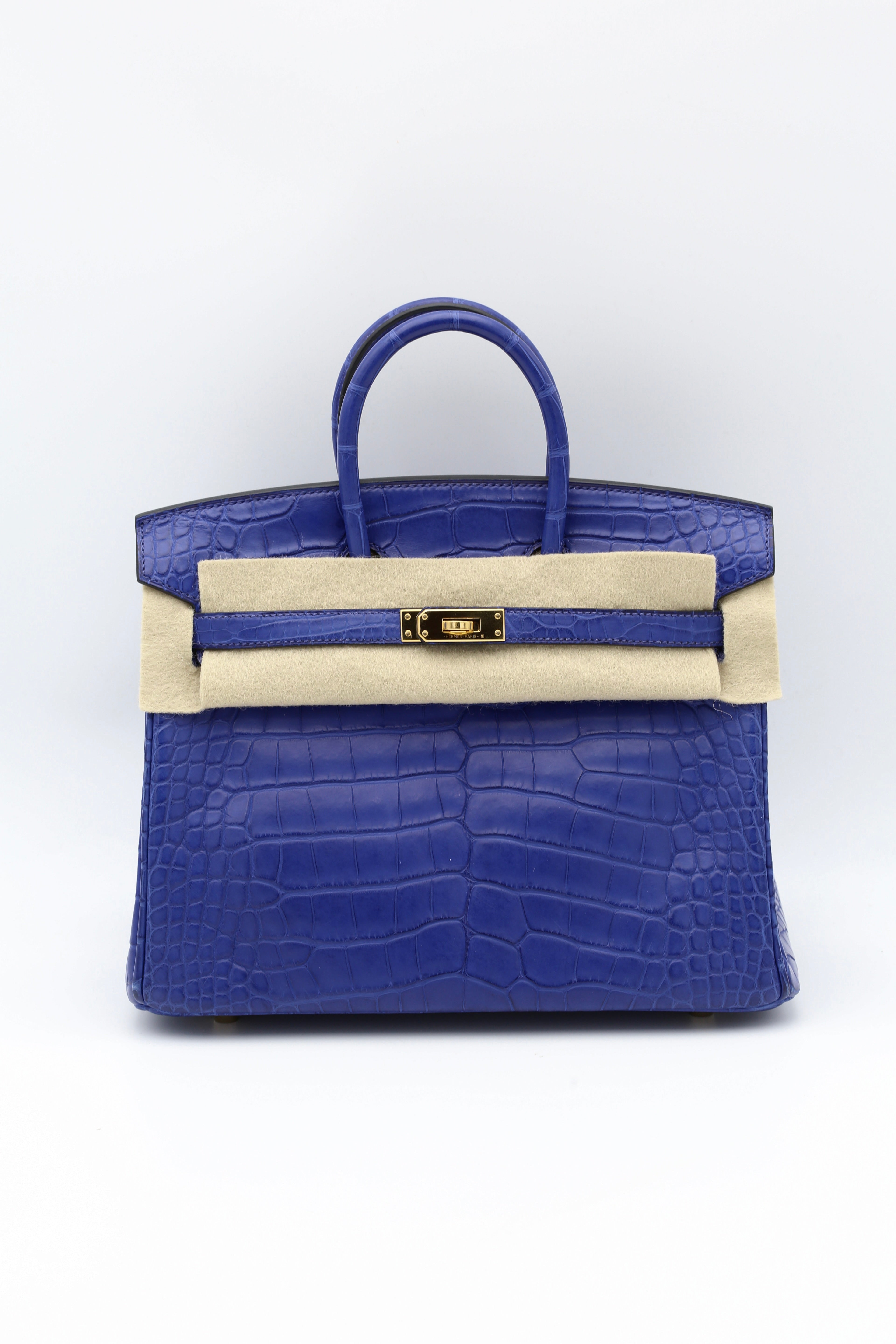 HERMÈS BIRKIN25 BLUE SAPPHIRE MATTE ALLIGATOR GOLD HARDWARE A STAMP