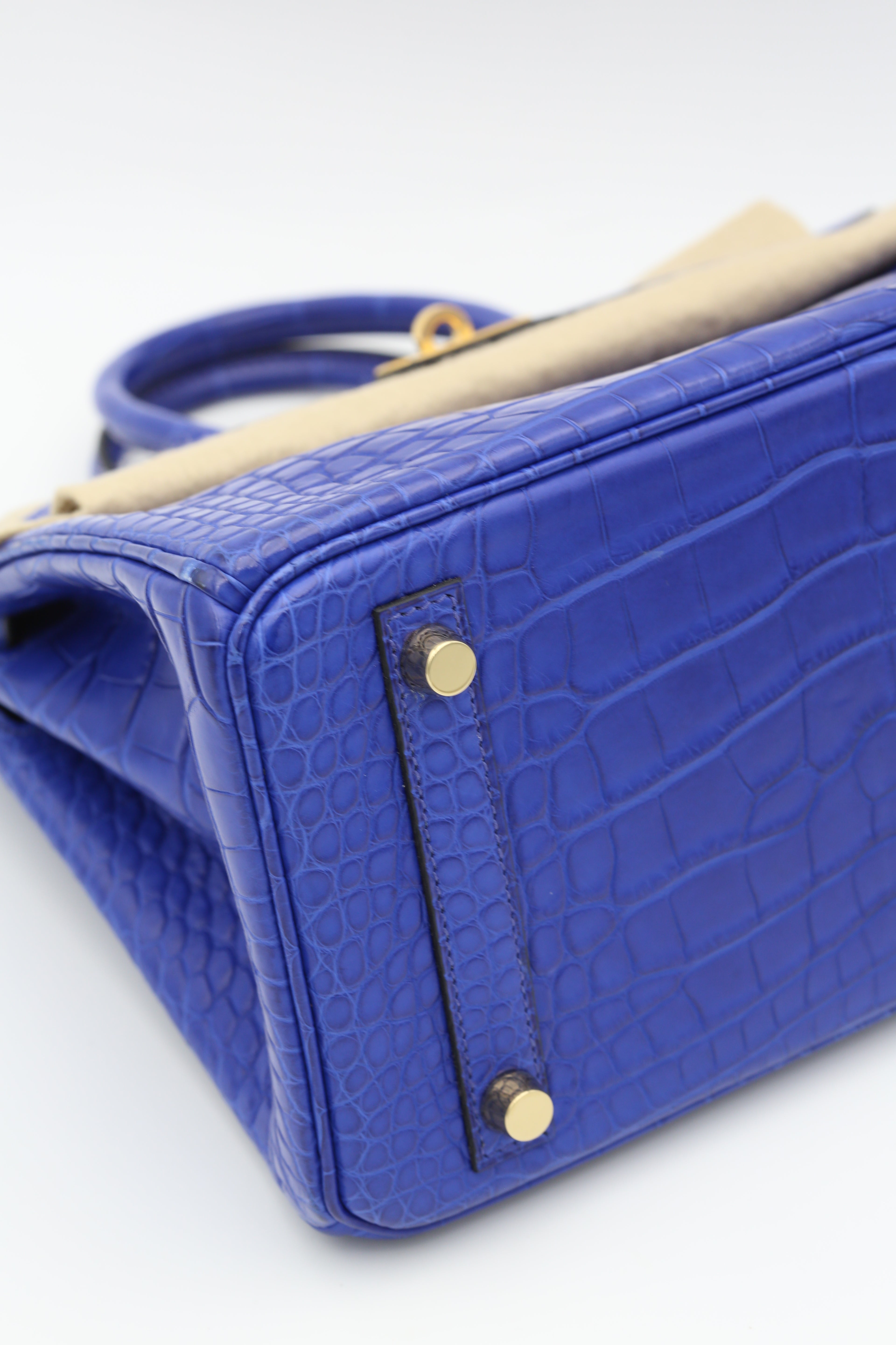 HERMÈS BIRKIN25 BLUE SAPPHIRE MATTE ALLIGATOR GOLD HARDWARE A STAMP