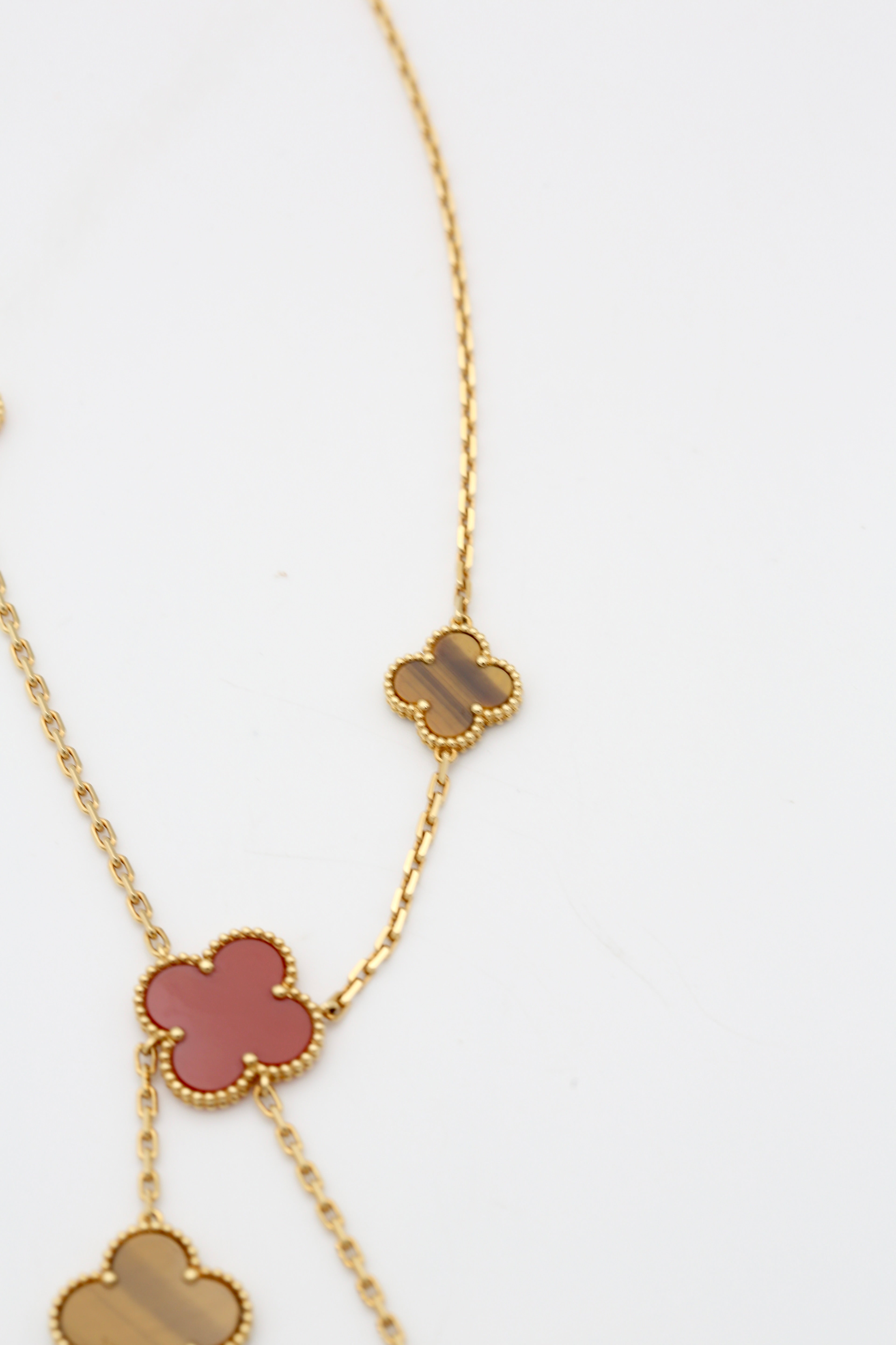 VAN CLEEF & ARPELS MAGIC ALHAMBRA NECKLACE 6 MOTIFS 18K YELLOW GOLD CARNELIAN & TIGER'S EYE
