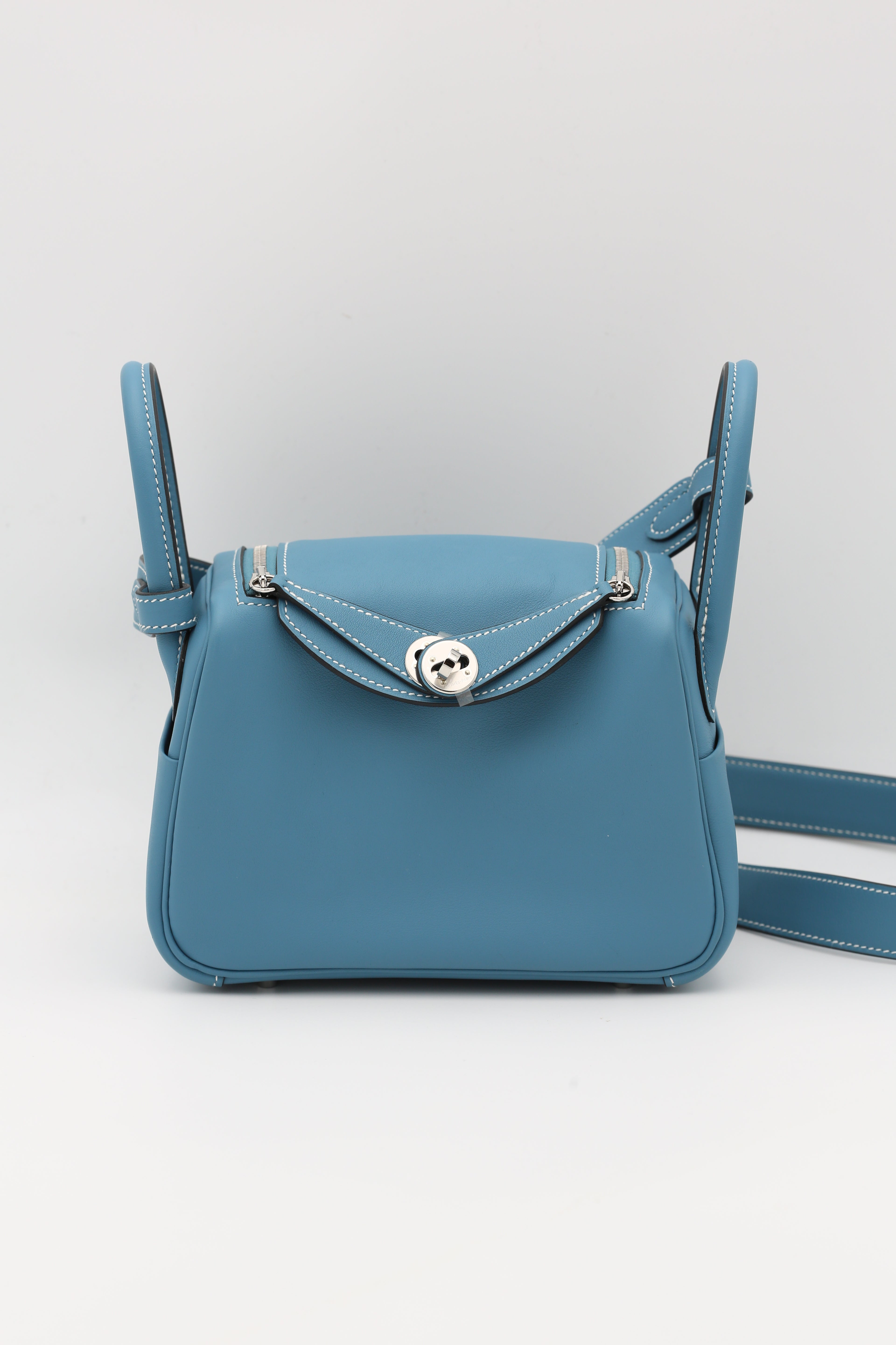 HERMÈS MINI LINDY BLEU JEAN SWIFT SILVER HARDWARE K STAMP