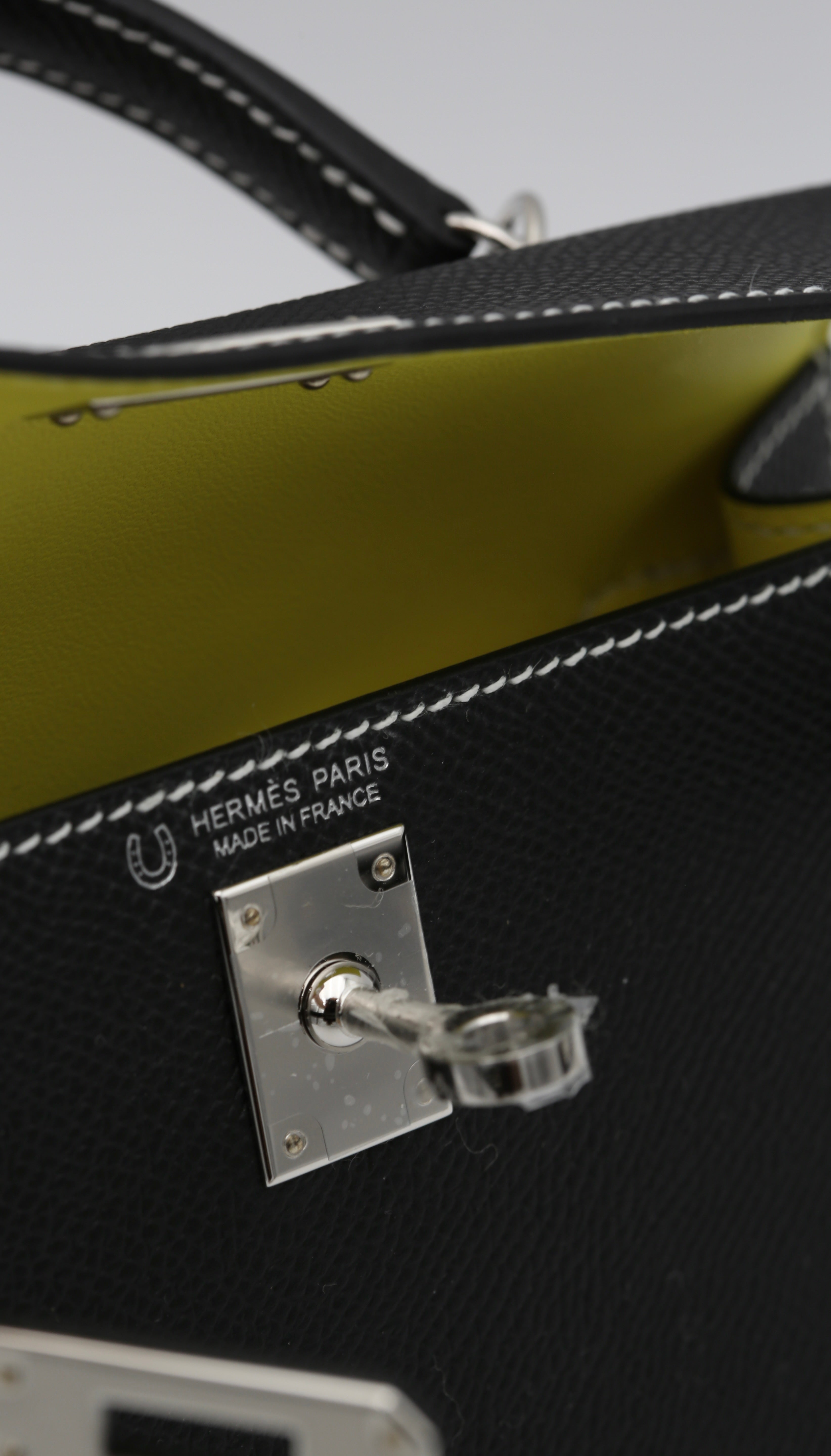 HERMÈS MINI KELLY II BLACK EPSOM LIME INTERIOR SILVER HARDWARE G STAMP