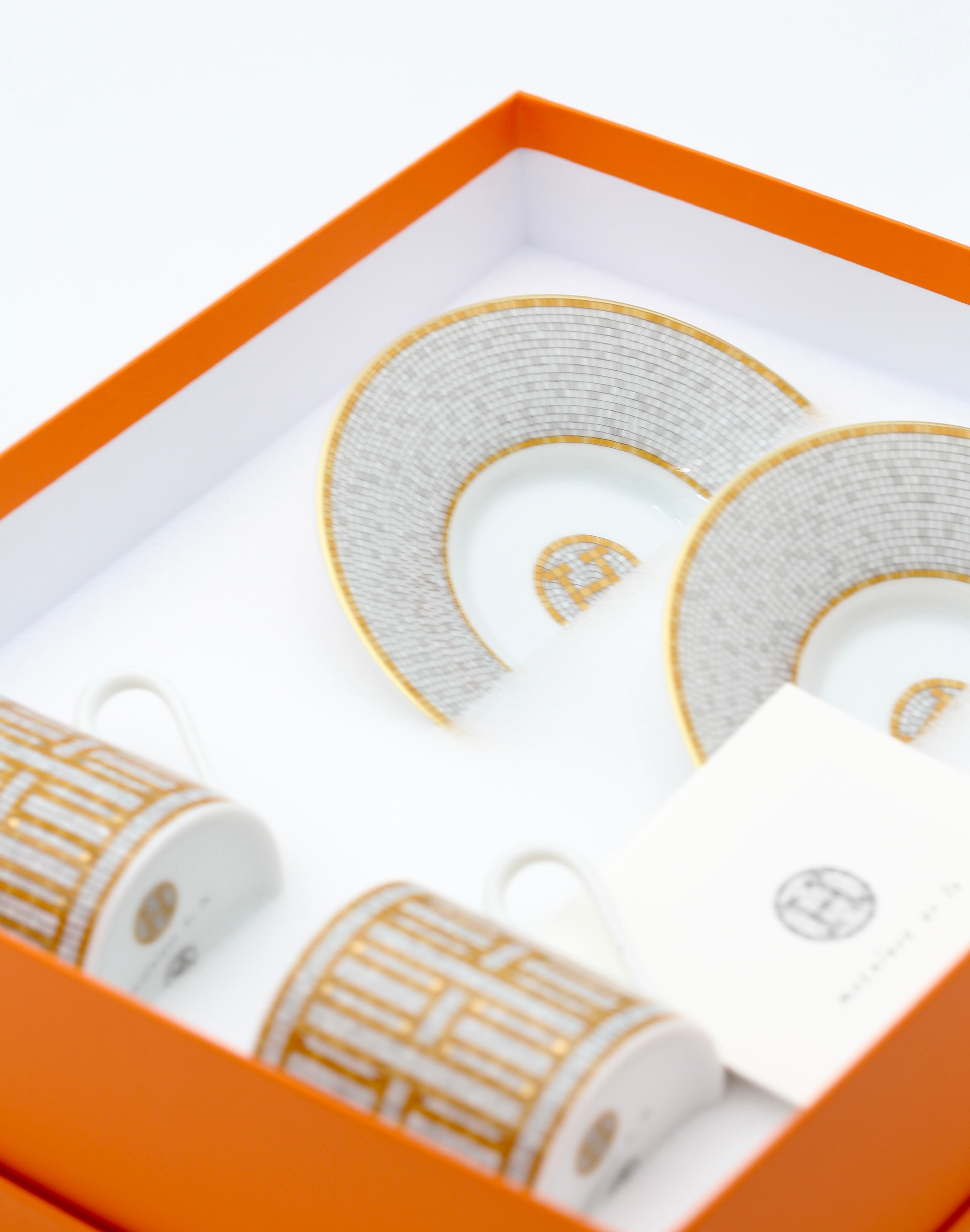 HERMÈS MOSAIQUE AU 24 GOLD COFFEE CUP AND SAUCER SET OF TWO