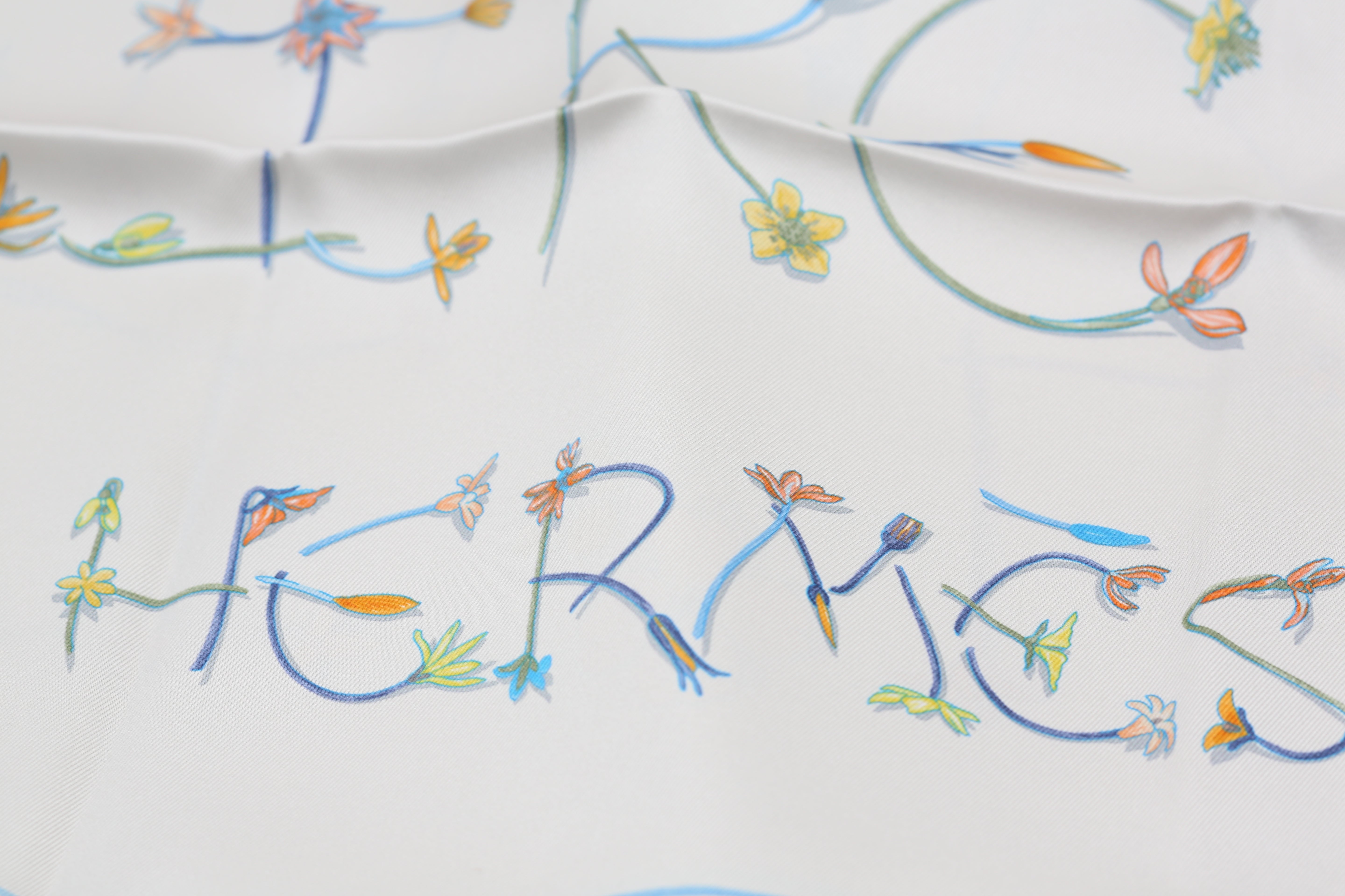 HERMÈS SCARF 70X70 CARRE 70 SOIE VINTAGE I LIKE FLOWERS PN/ARGENT/TURQUOISE/J