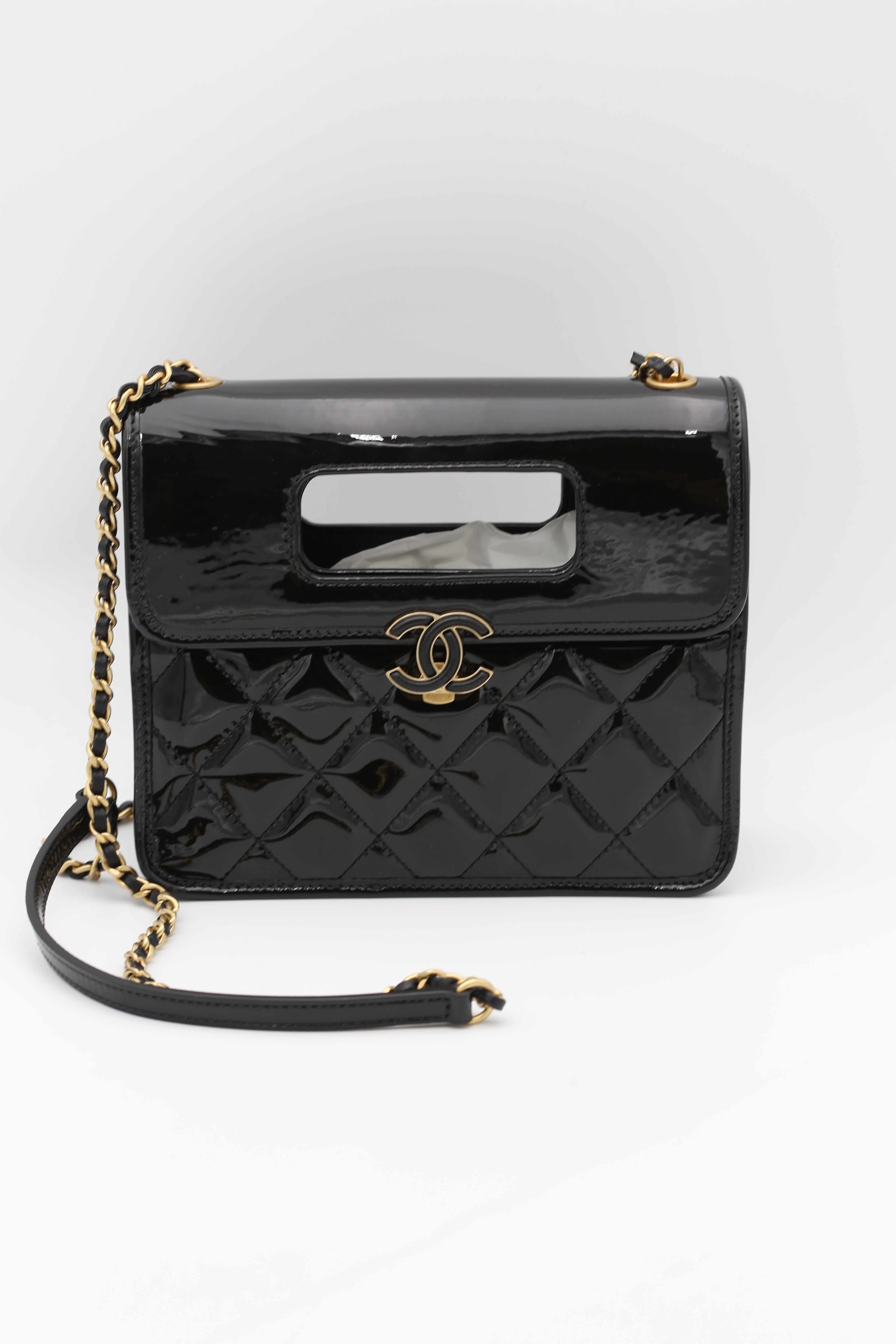 CHANEL 23S MINI FLAP BAG WITH TOP HANDLE BLACK GOLD HARDWARE