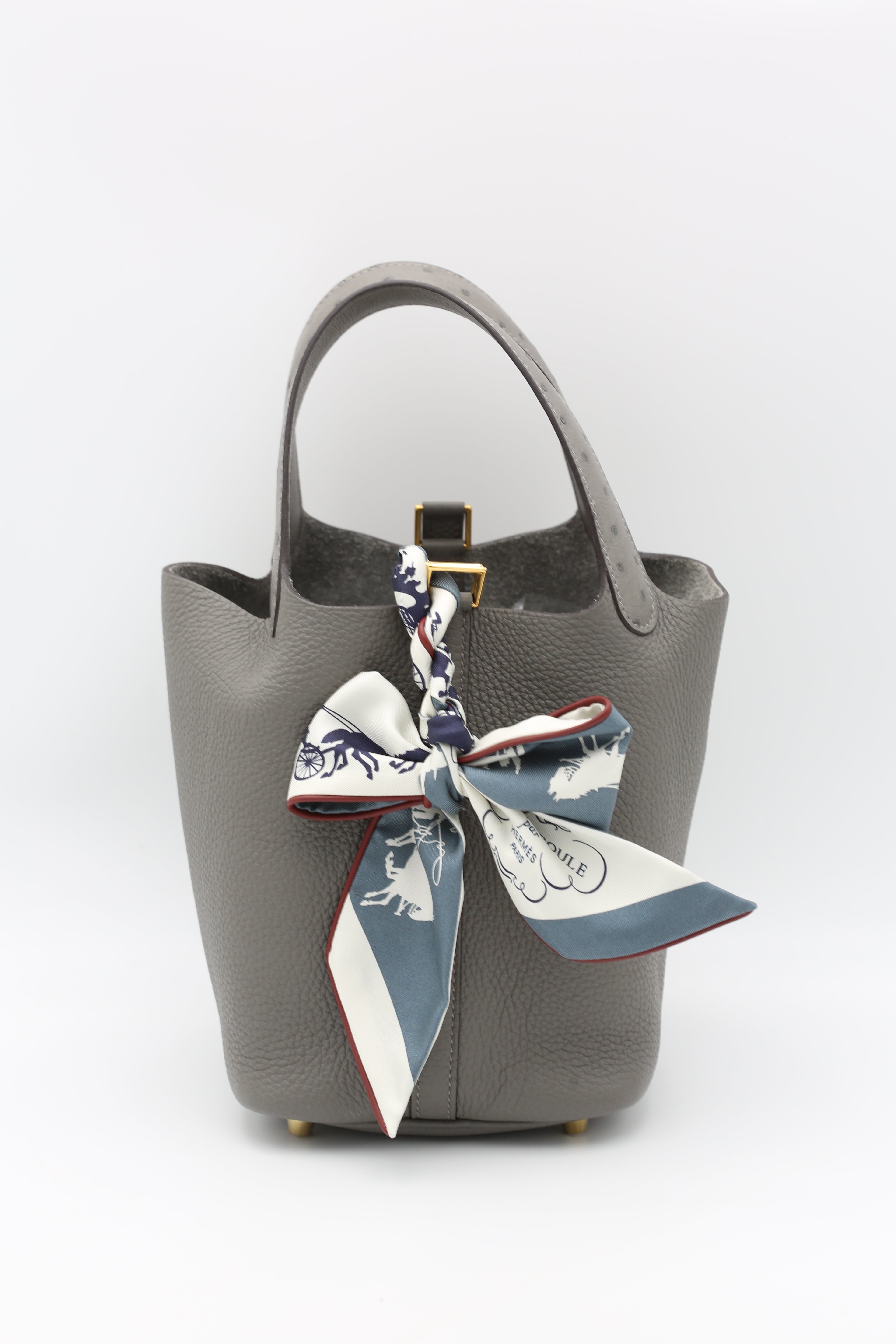 HERMÈS PICOTIN18 0L GRIS MEYER TAURILLON CLEMENCE OSTRICH HANDLE GOLD HARDWARE U STAMP