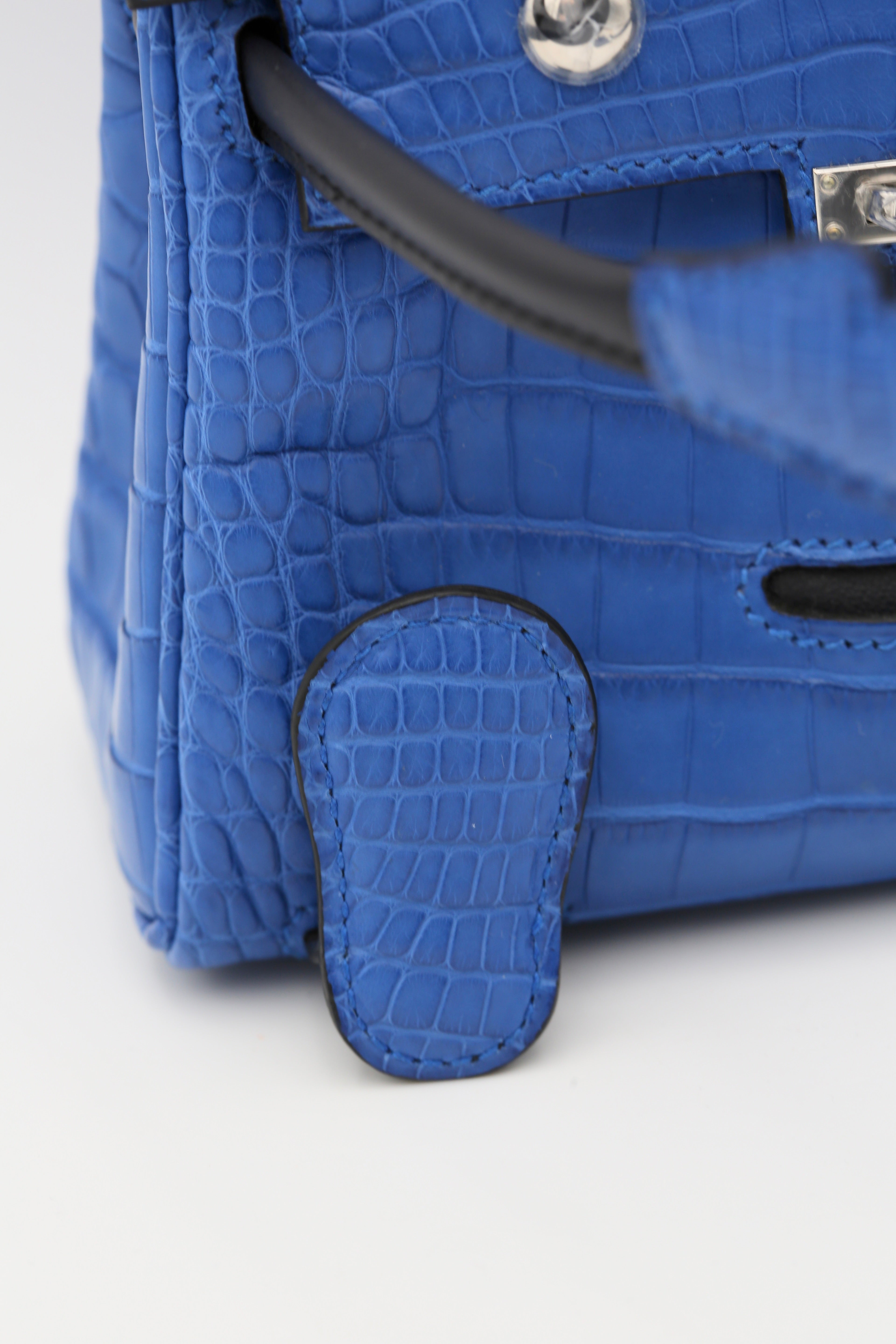 HERMÈS KELLY DOLL I7 BLEU ZELLIGE MATTE ALLIGATOR SILVER HARDWARE Z STAMP