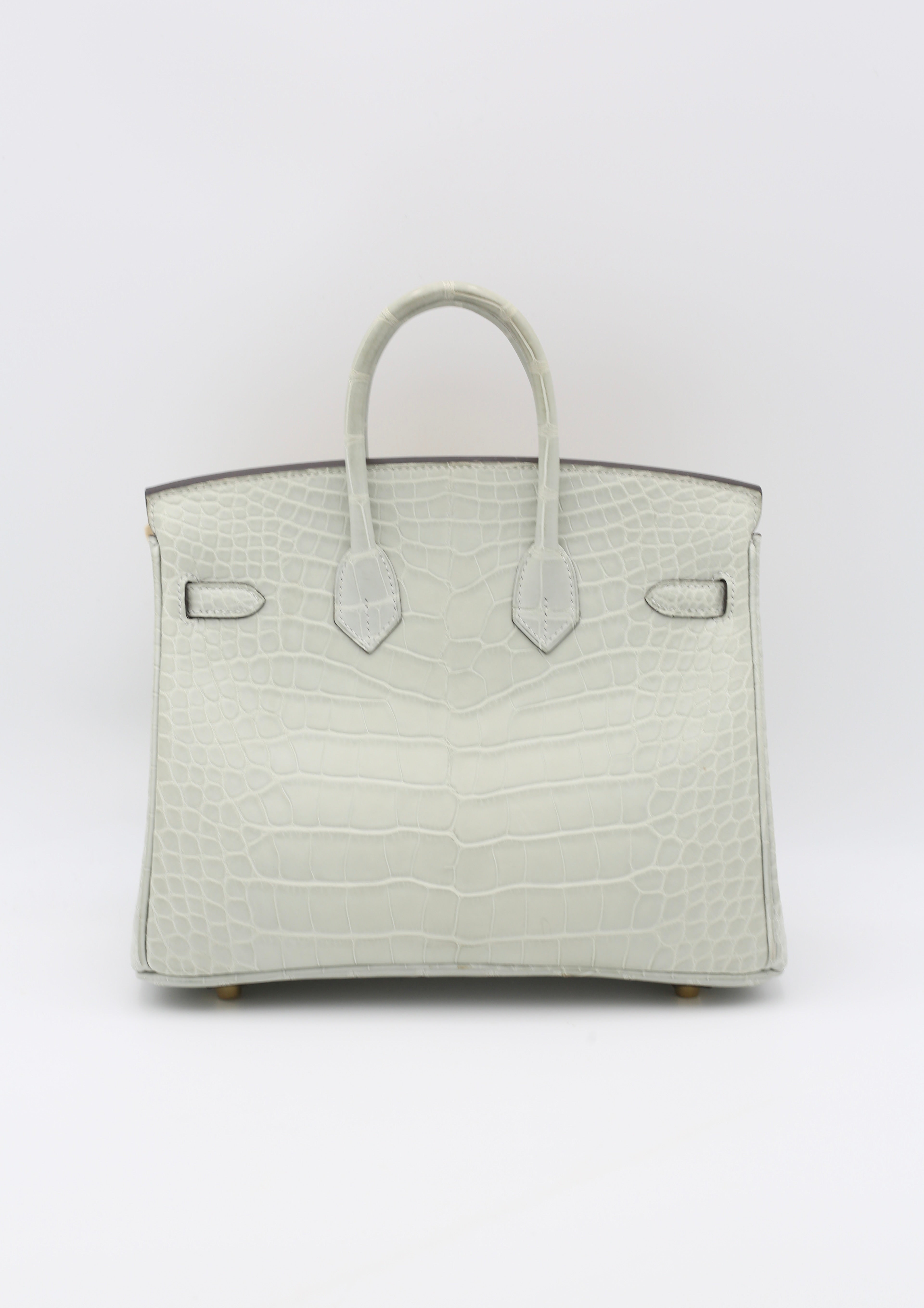 HERMÈS BIRKIN25 GRIS NEVE MATTE ALLIGATOR MISSI GOLD HARDWARE K STAMP