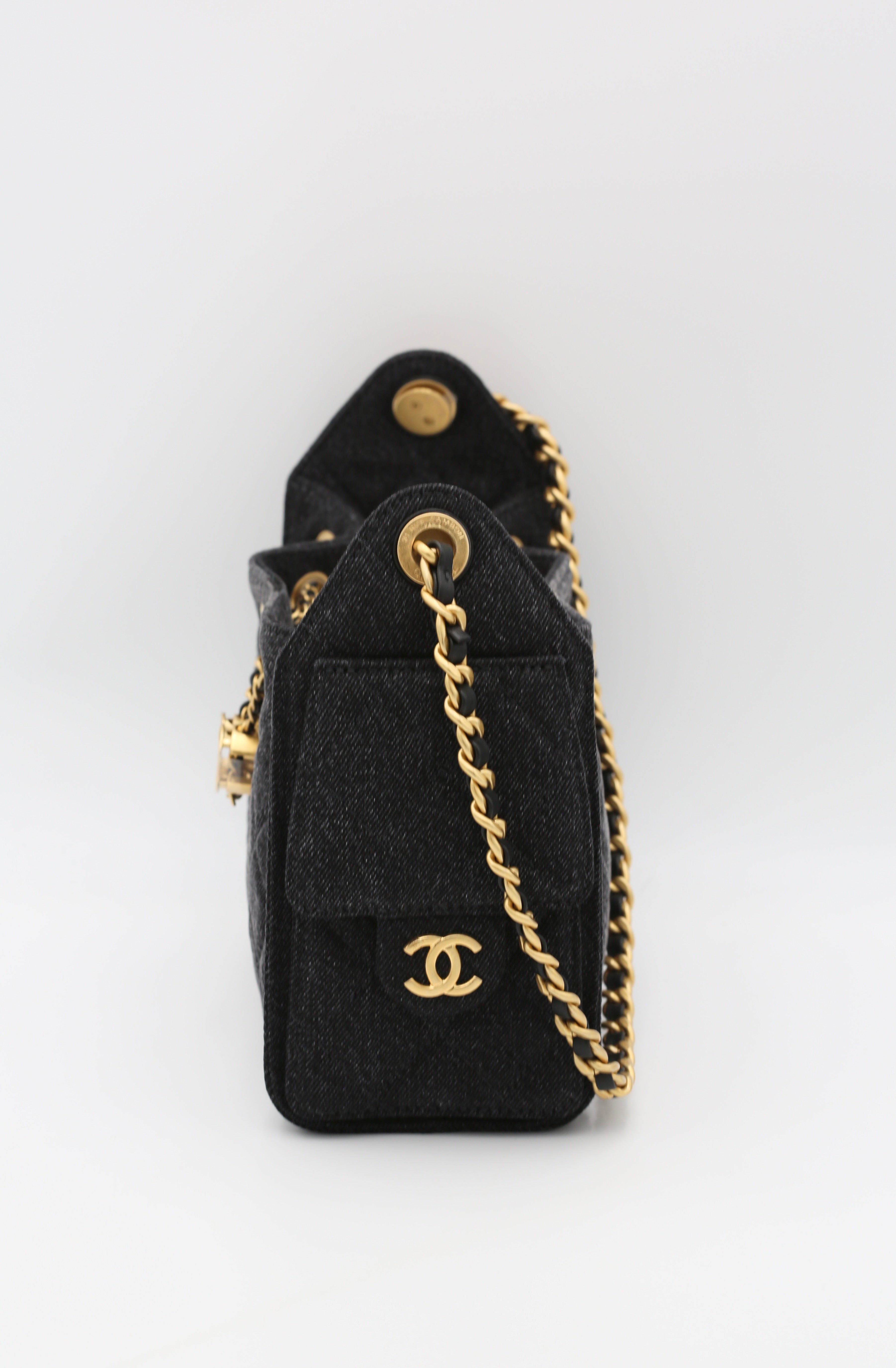 CHANEL 25 MINI HOBO HANDBAG BLACK JEAN GOLD