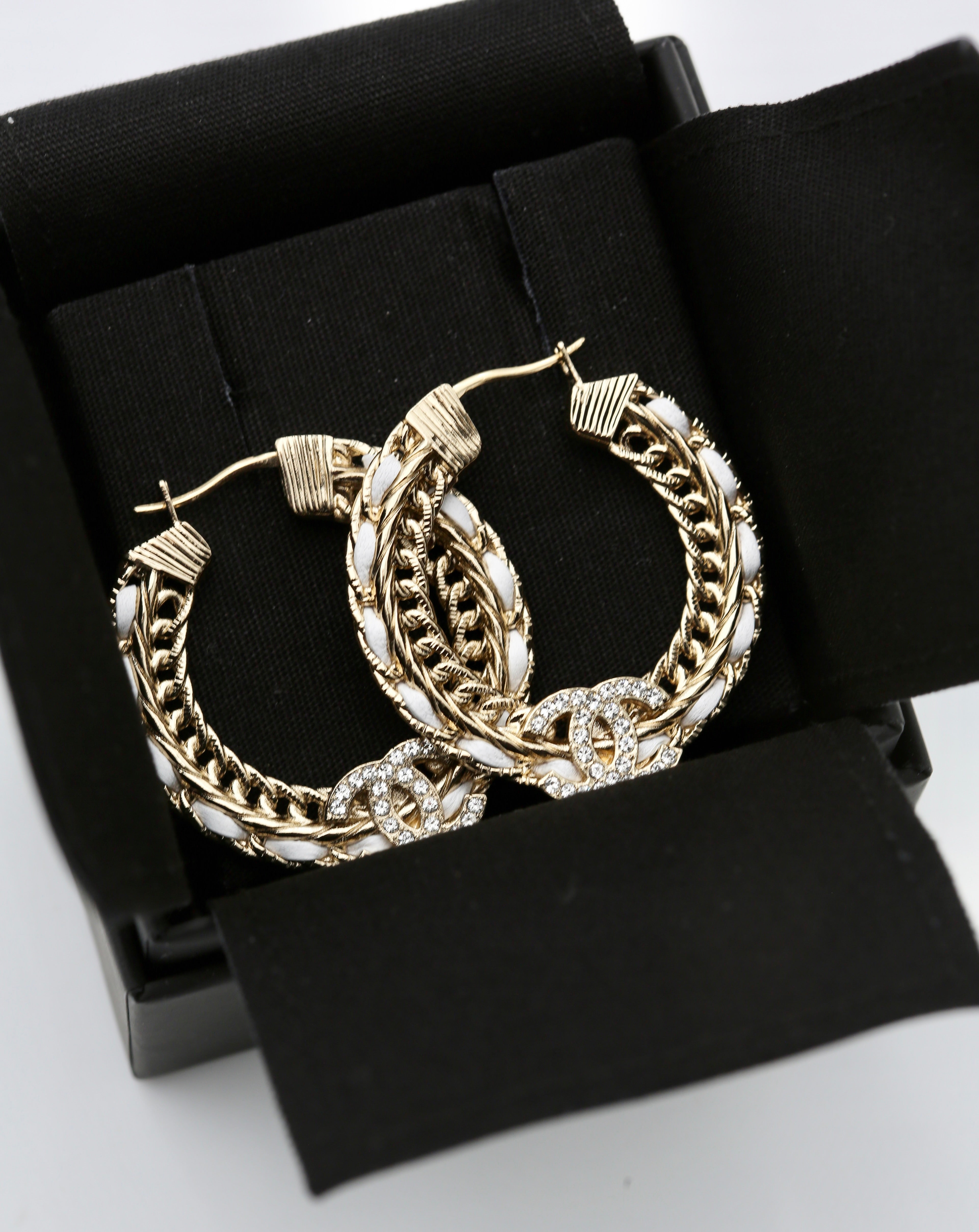 CHANEL BRAIDED CHAIN CC HOOP EARRINGS