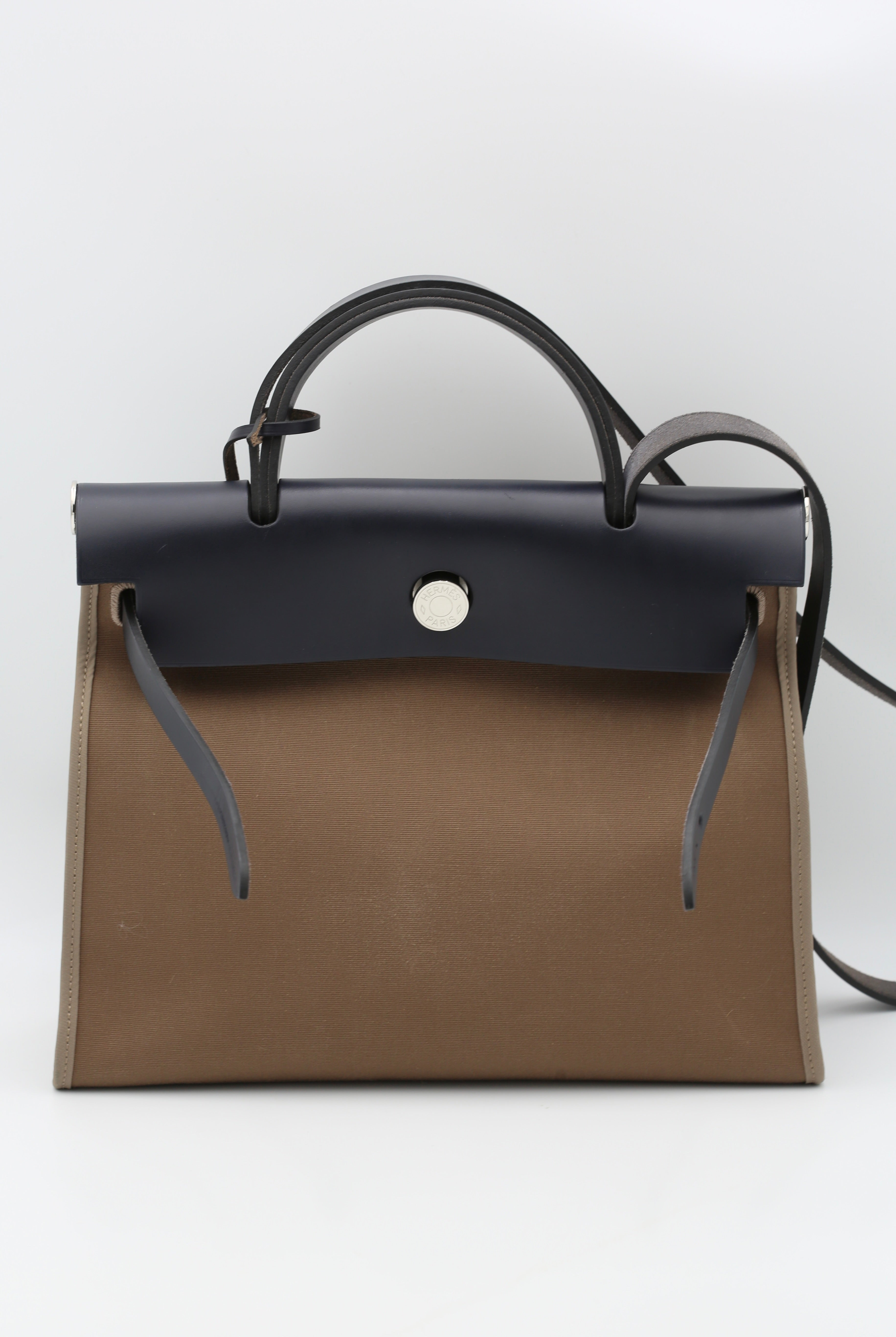 HERMÈS HERBAG 31 BAI BRUN & BLEU MARINE SILVER HARDWARE A STAMP