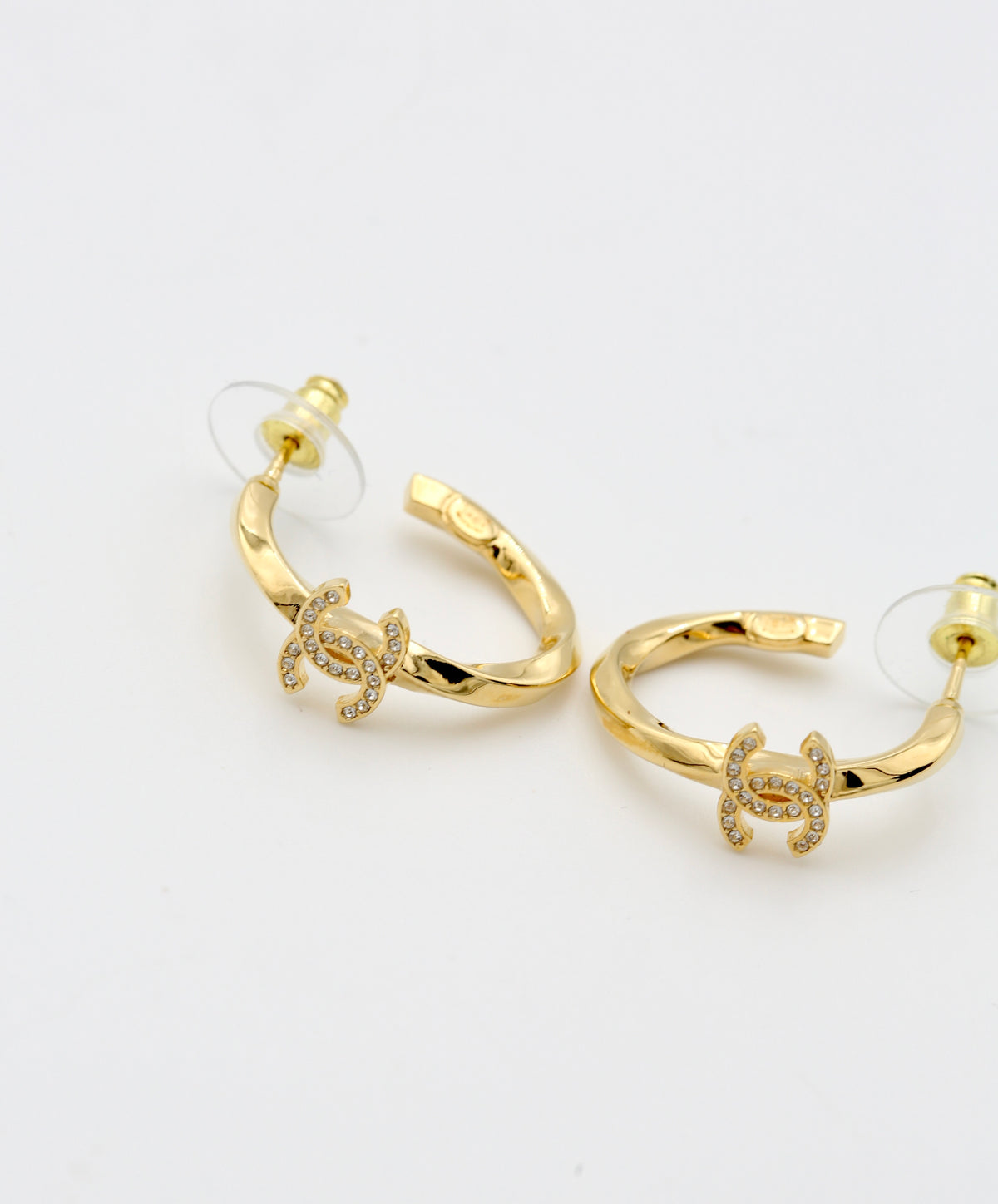 CHANEL CC LOGO CRYSTAL HOOP EARRINGS GOLD