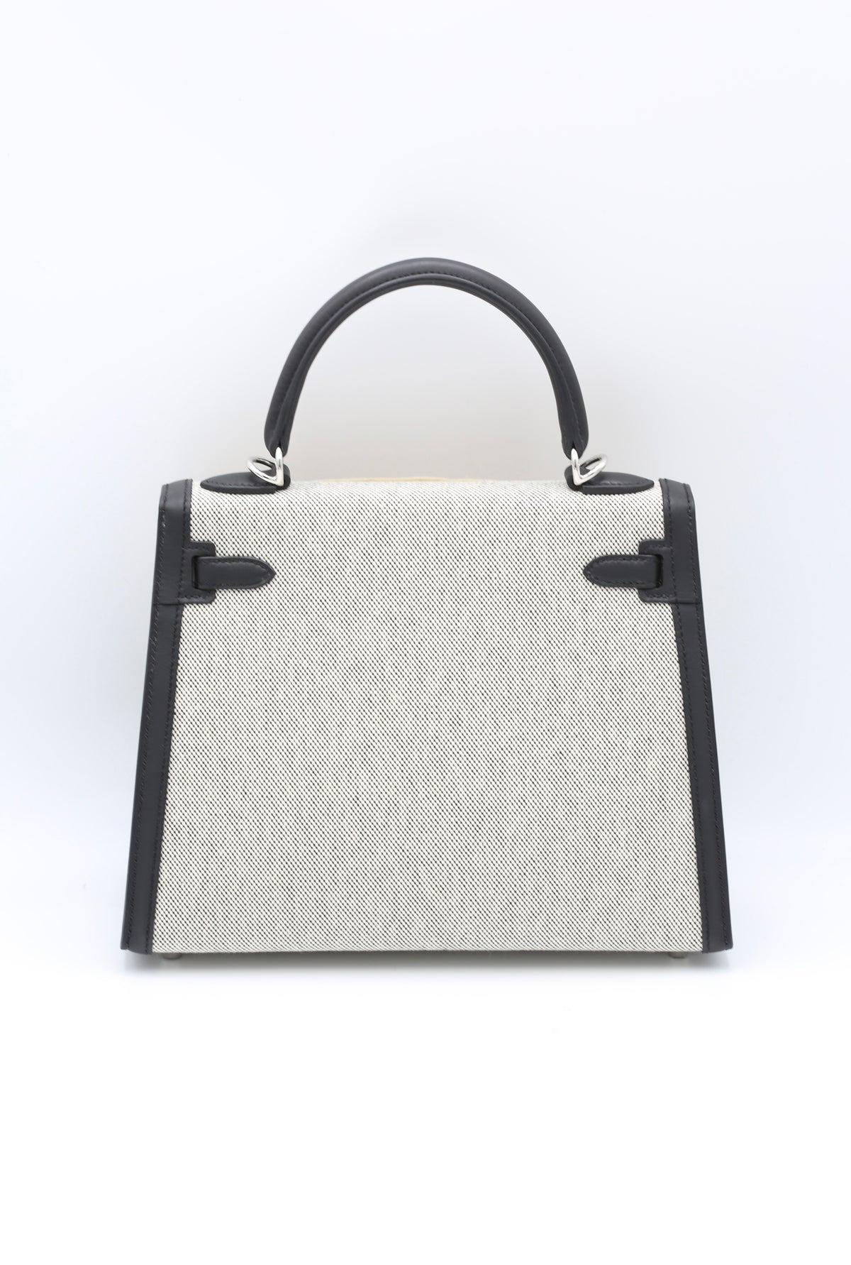 HERMÈS KELLY25 ECRU-NOIR SELLIER CANVAS/SWIFT CLAFSKIN SILVER HARDWARE G STAMP