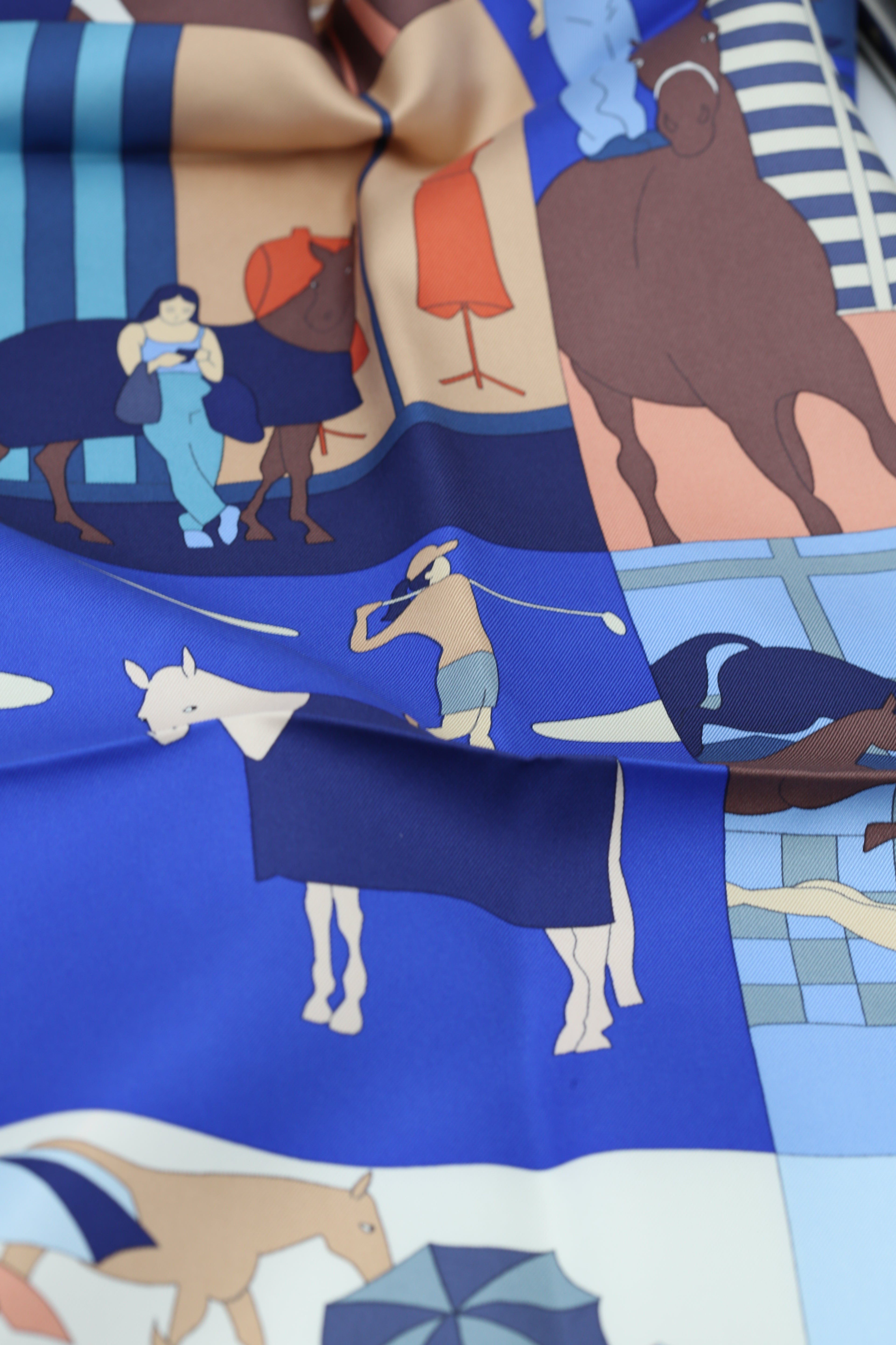 HERMÈS SCARF90X90 CARRE TWILL MON CHEVAL ER MOI IP/BLEU/BLANC/MARRON