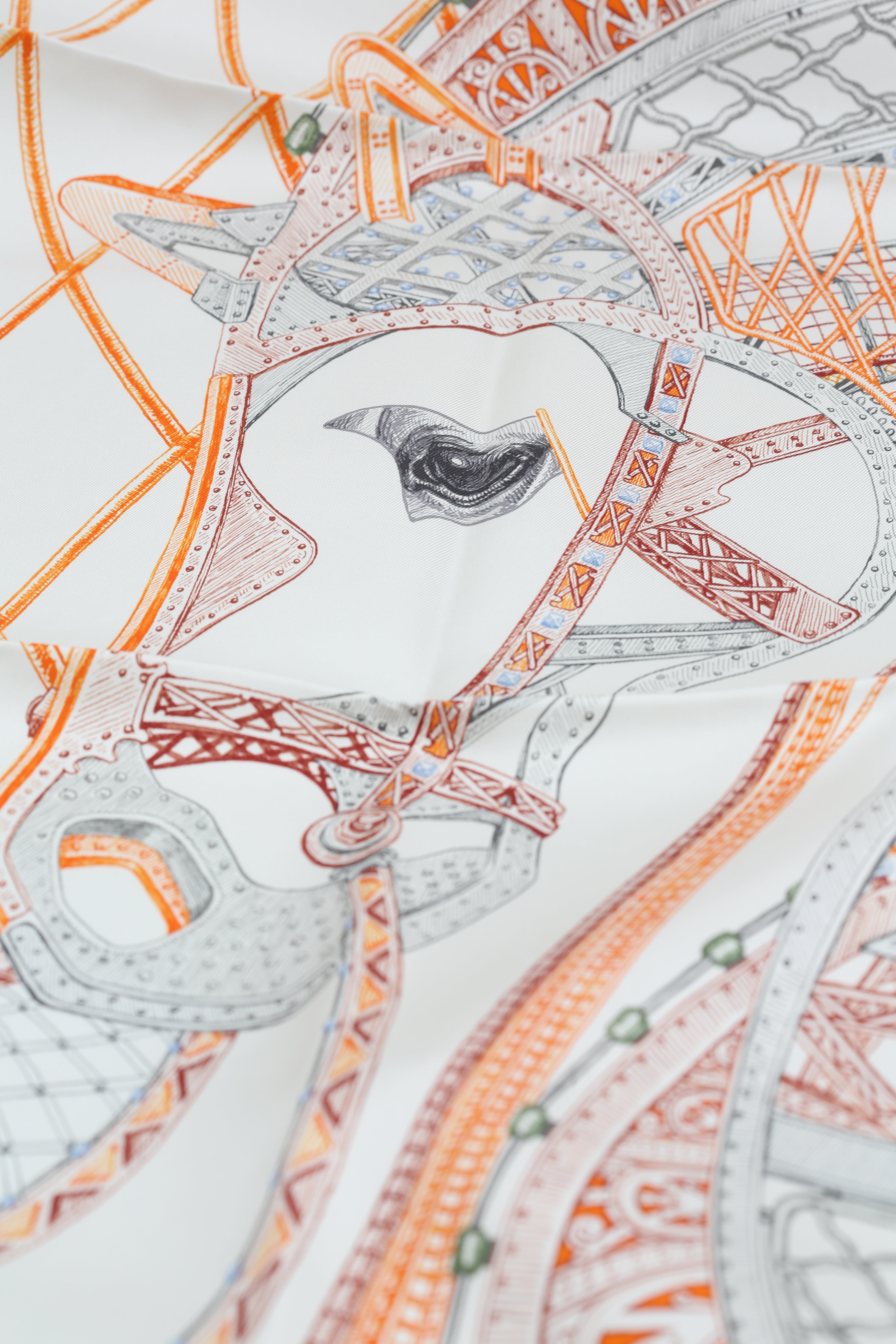 HERMÈS SCARF90X90 CARRE TWILL CHEVAUX D'HEPHAISTOS IG/GRIS PERLE/ORANGE