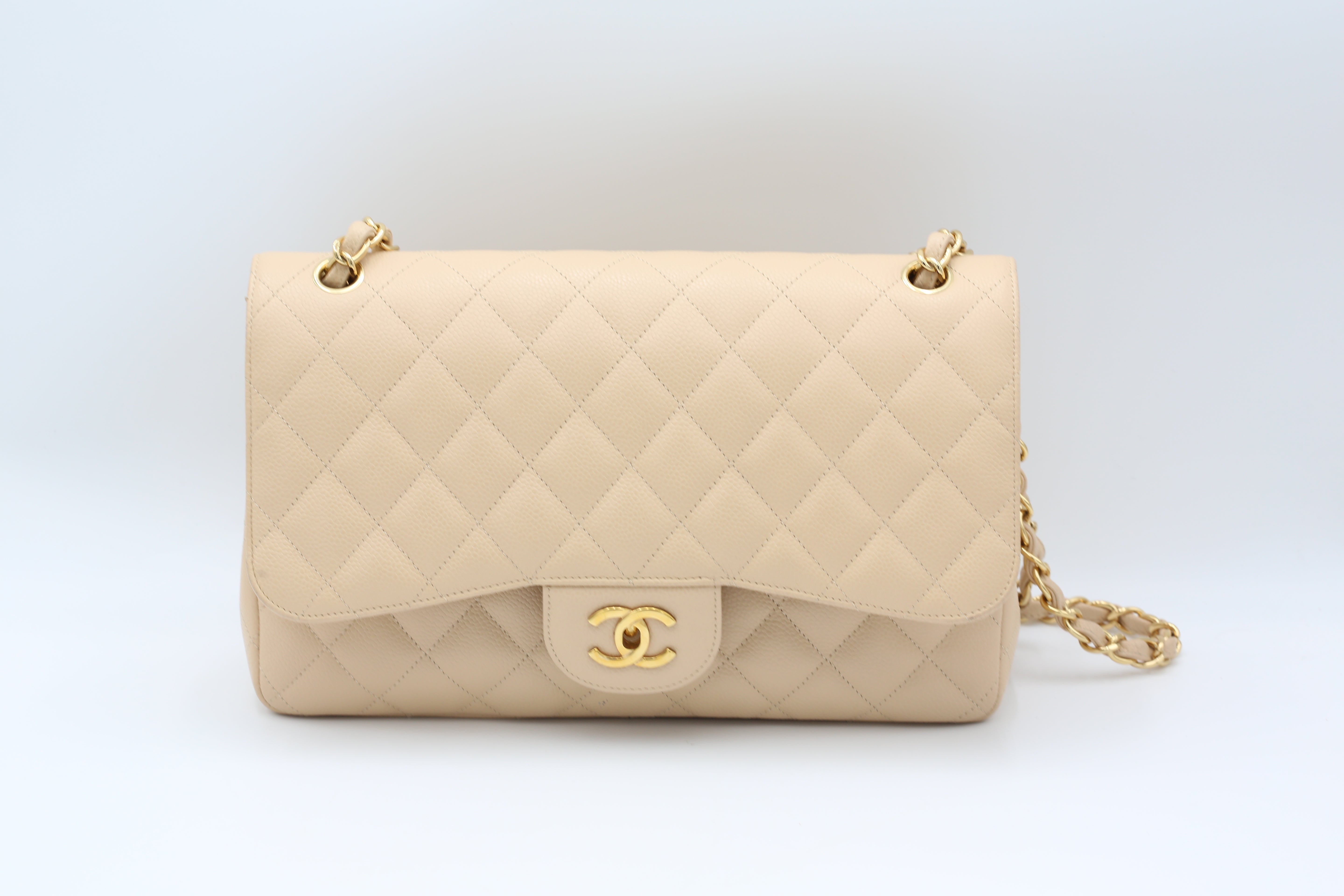 CHANEL CLASSIC DOUBLE FLAP JUMBO BEIGE GOLD HARDWARE