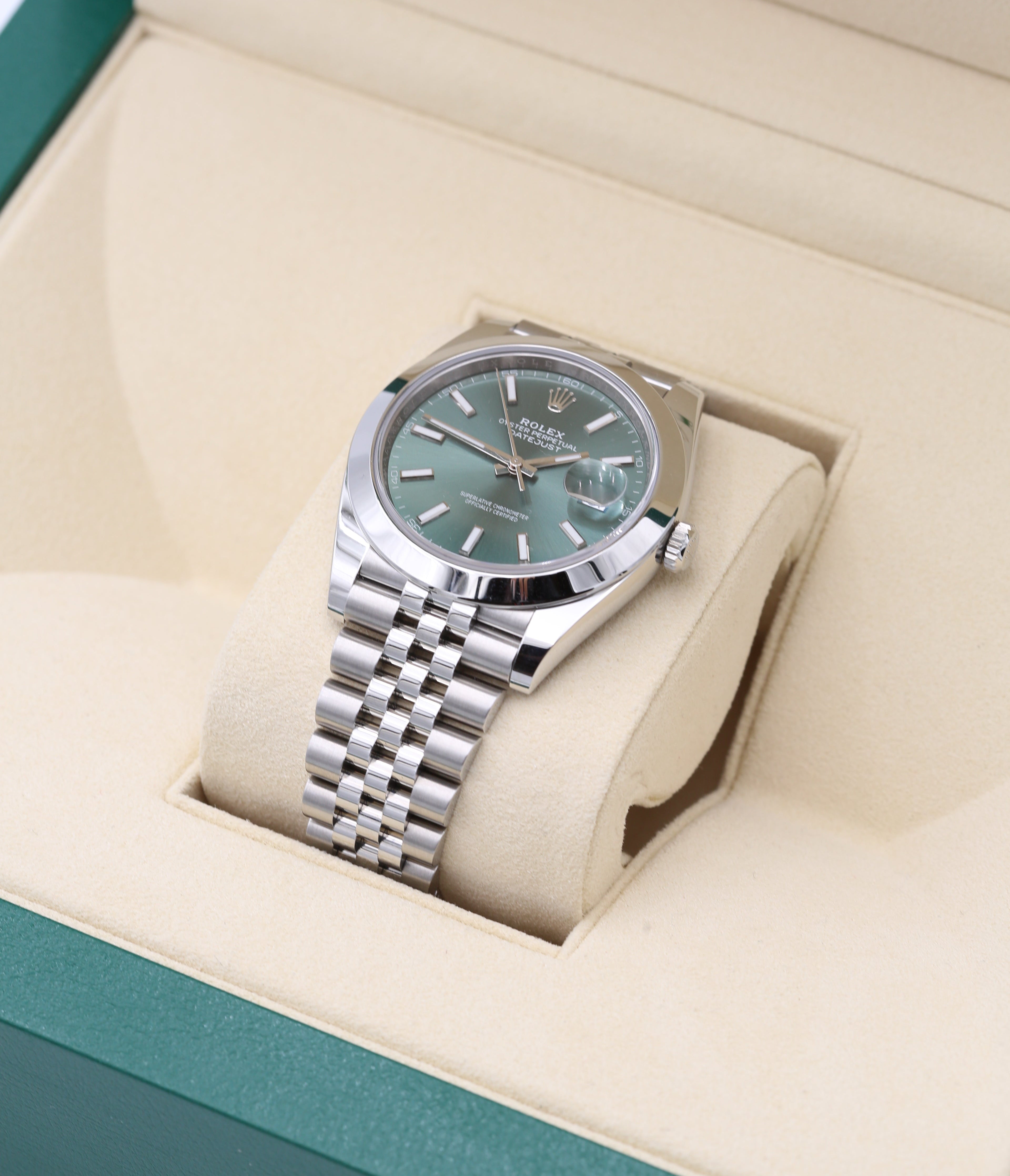 ROLEX OYSTER PERPETUAL DATE JUST 41 126300 18K WHITE GOLD GREEN DIAL 2025