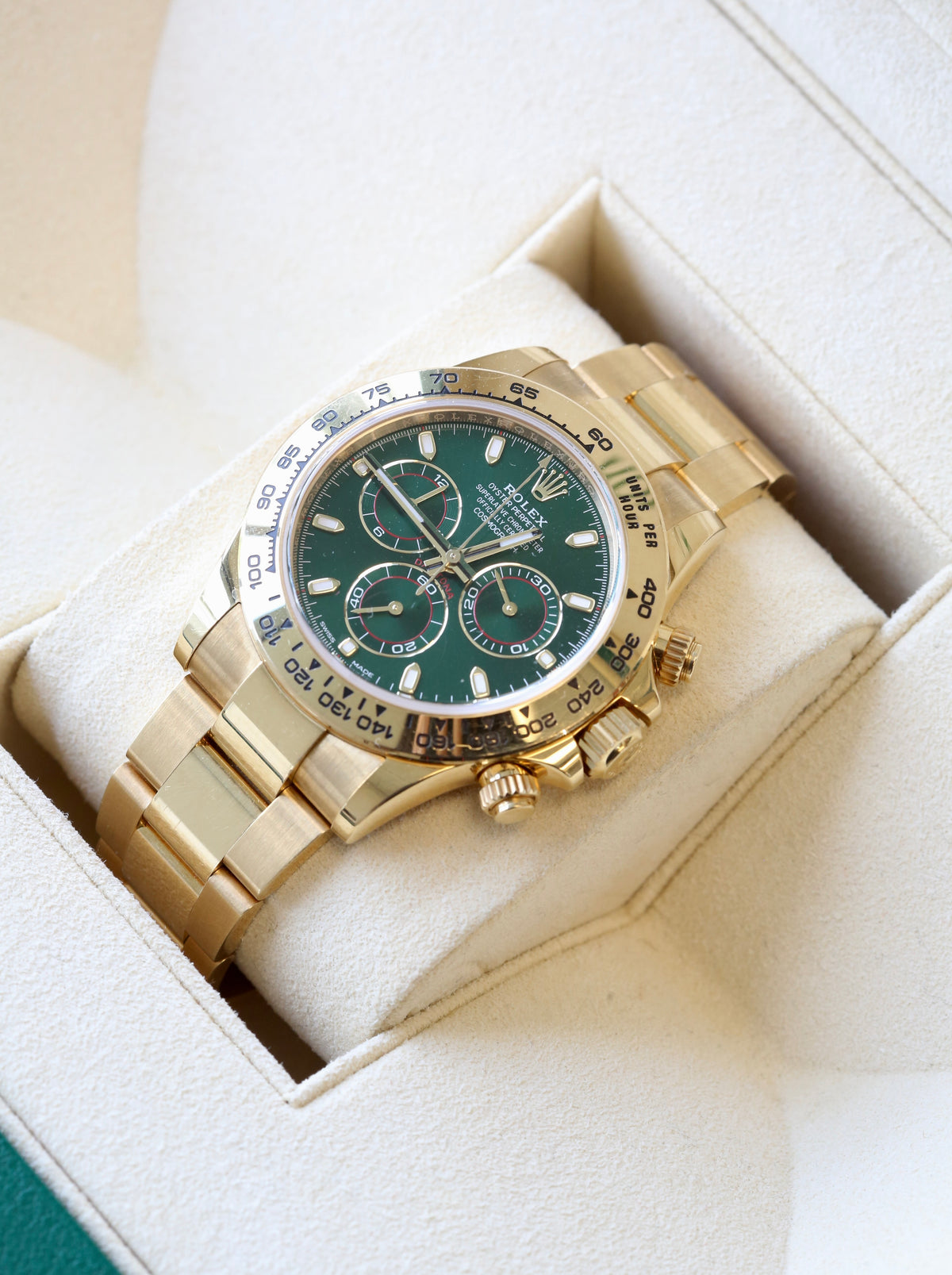 ROLEX COSMOGRAPH DAYTONA 40MM JOHN MAYER / GREEN DAYTONA GREEN DIAL TACHYMETER BEZEL 18K YELLOW GOLD OYSTER 2019