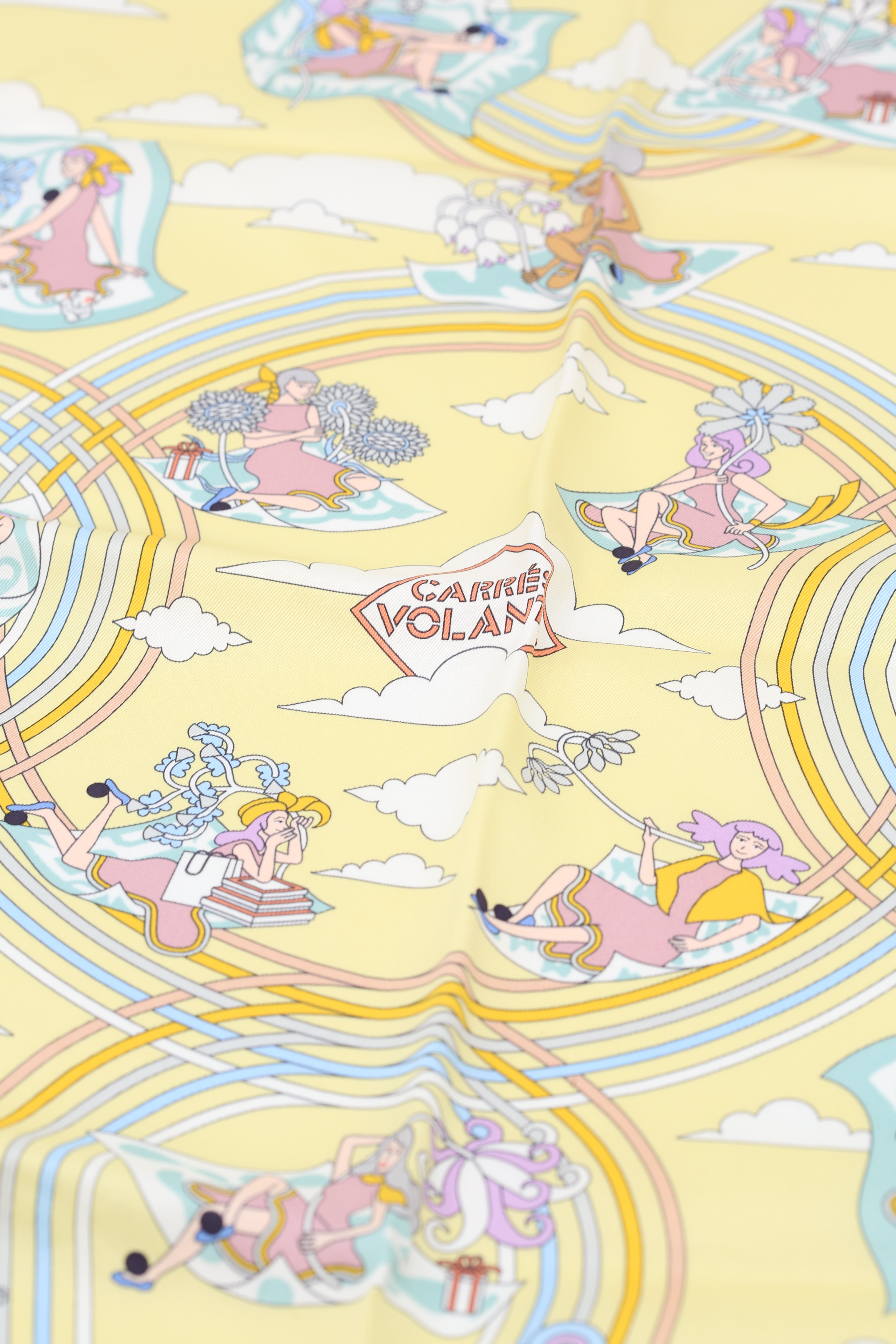 HERMÈS SCARF 70X70 CARRE SOIE VINTAGE CARRES VOLANTS JAUNE/SOUFRE/AQUA