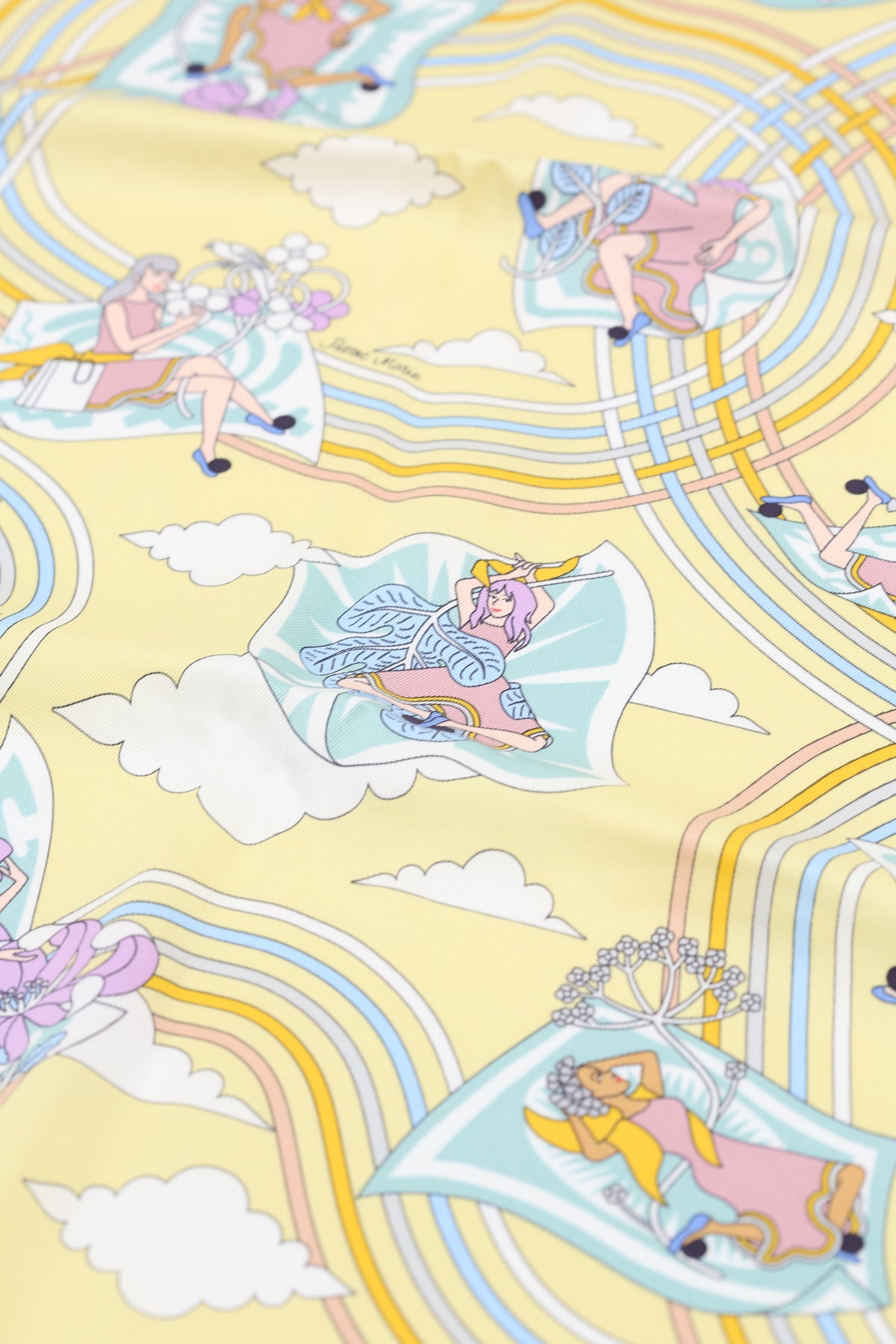 HERMÈS SCARF 70X70 CARRE SOIE VINTAGE CARRES VOLANTS JAUNE/SOUFRE/AQUA