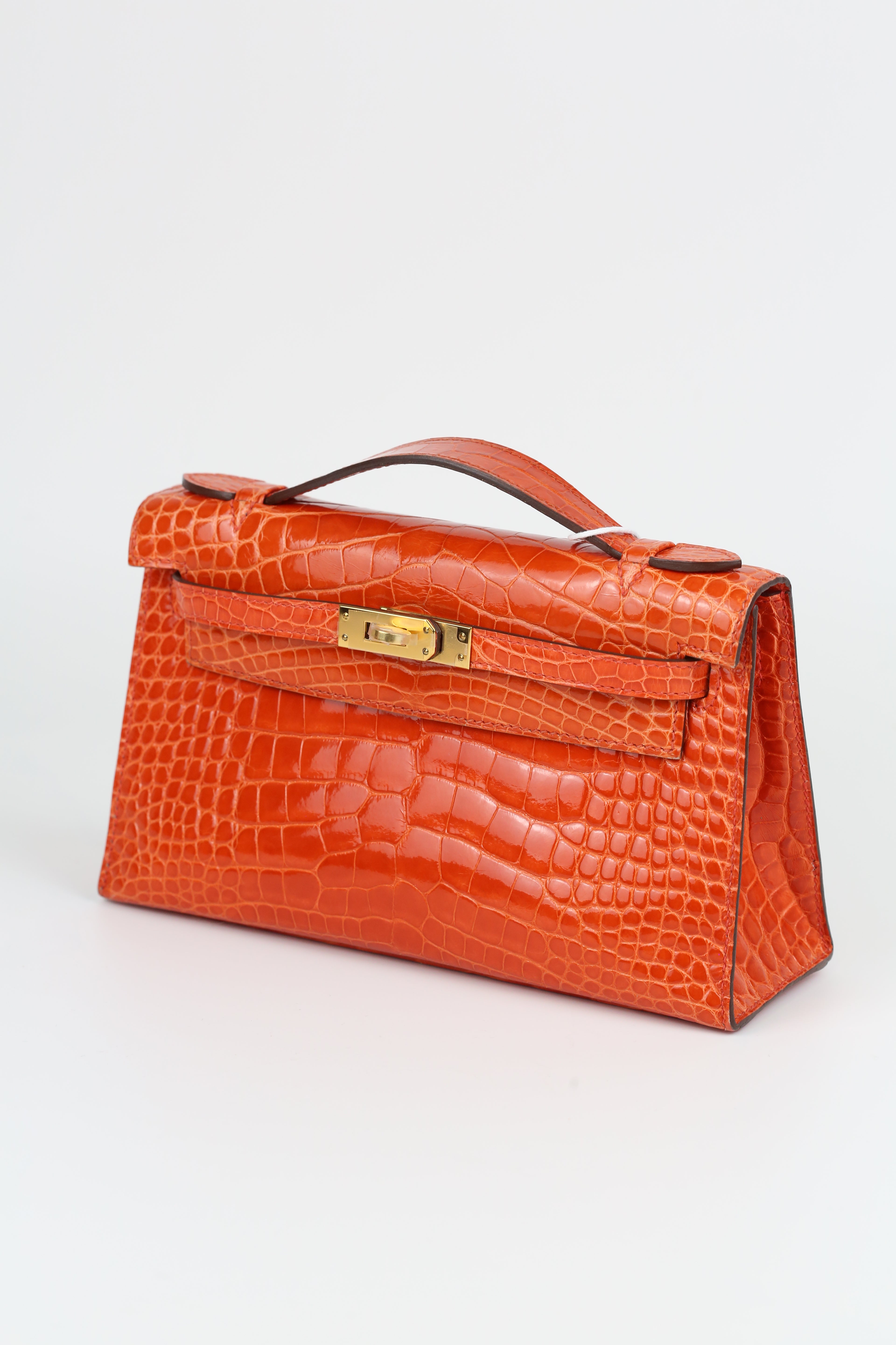 Hermes Kelly Pouch Alligator Orange Gold