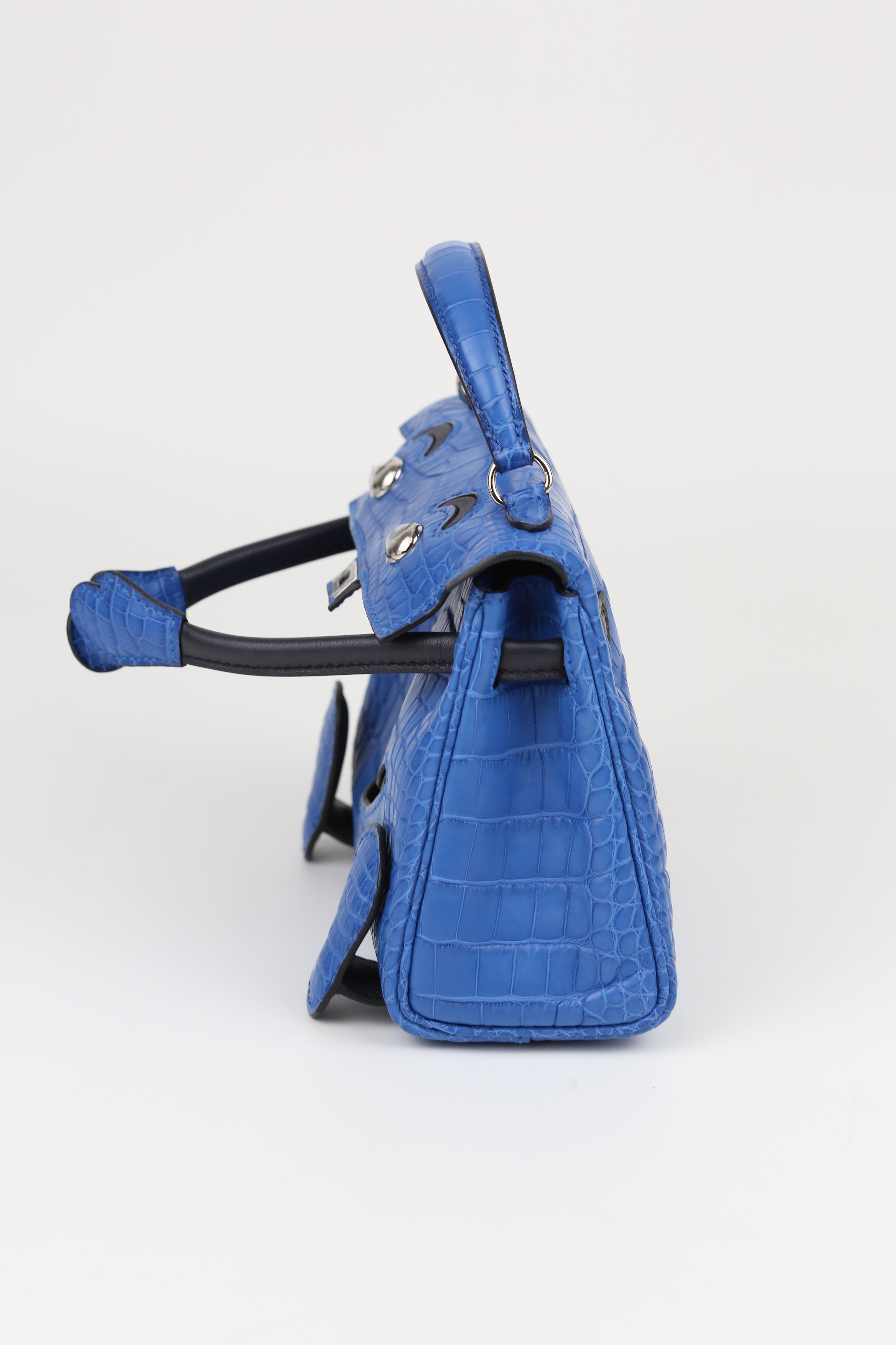 HERMÈS KELLY DOLL I7 BLEU ZELLIGE MATTE ALLIGATOR SILVER HARDWARE Z ST
