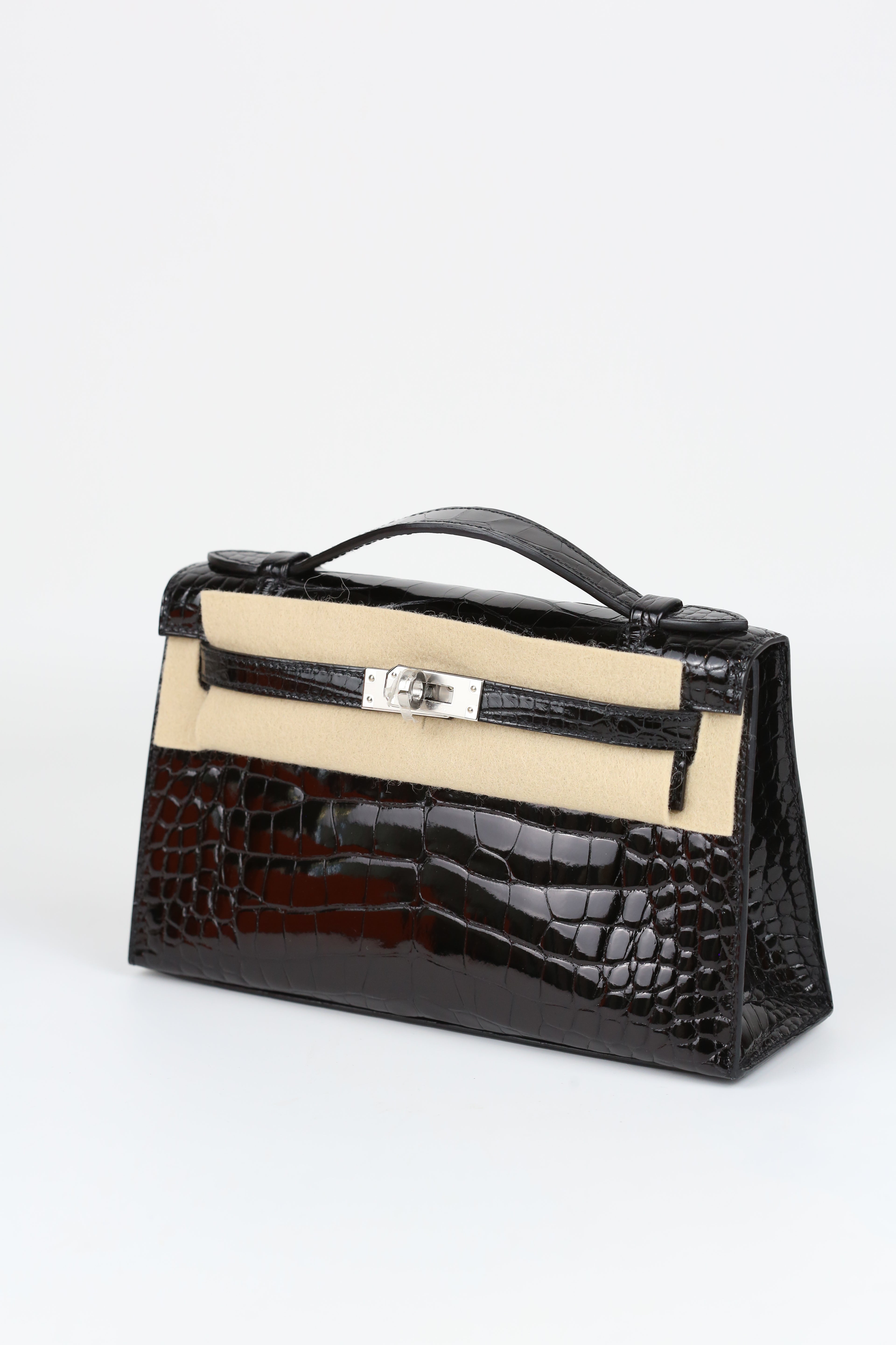 HERMÈS KELLY POCHETTE BLACK ALLIGATOR SILVER