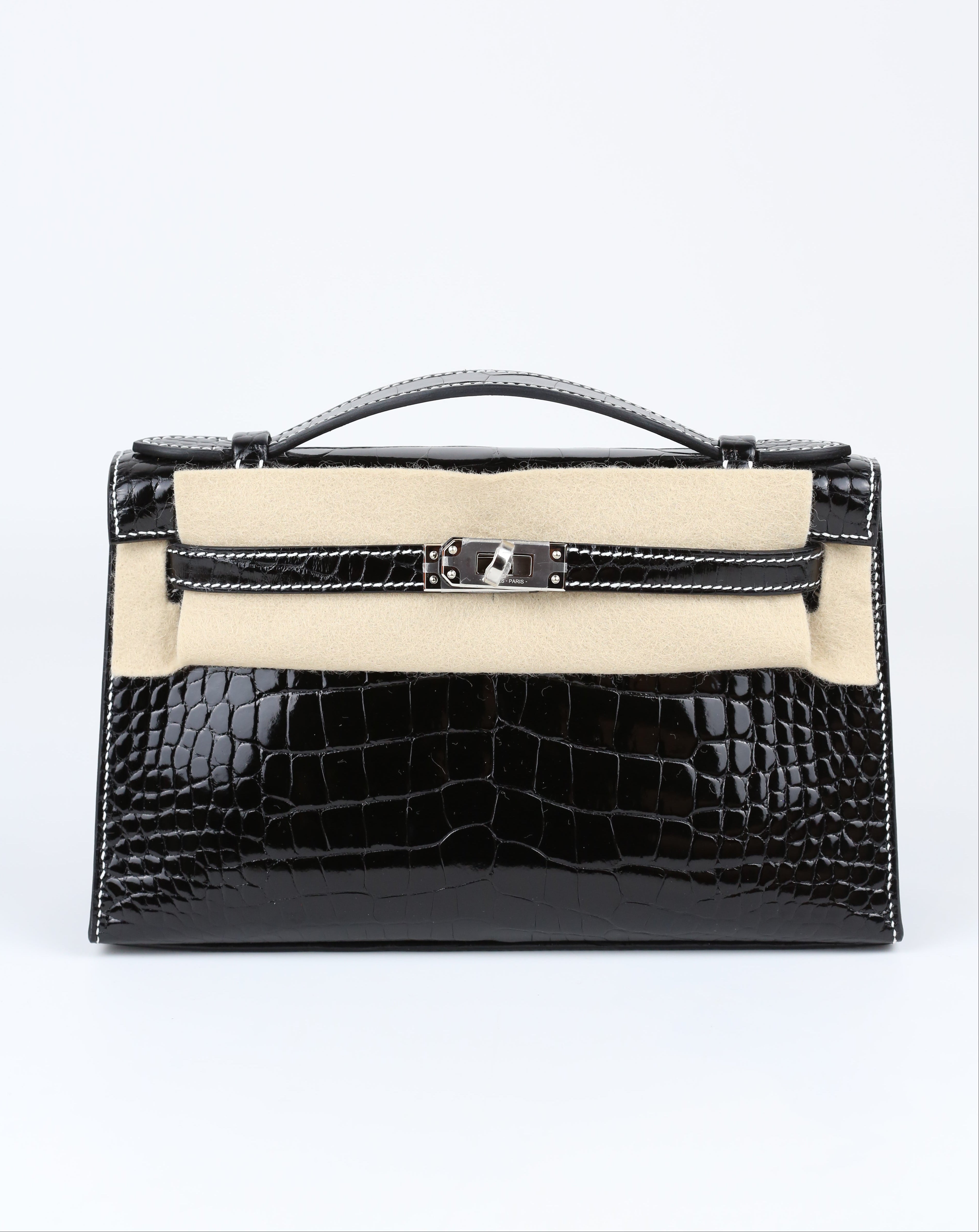 HERMÈS KELLY POCHETTE ALLIGATOR BLACK SILVER K STAMP