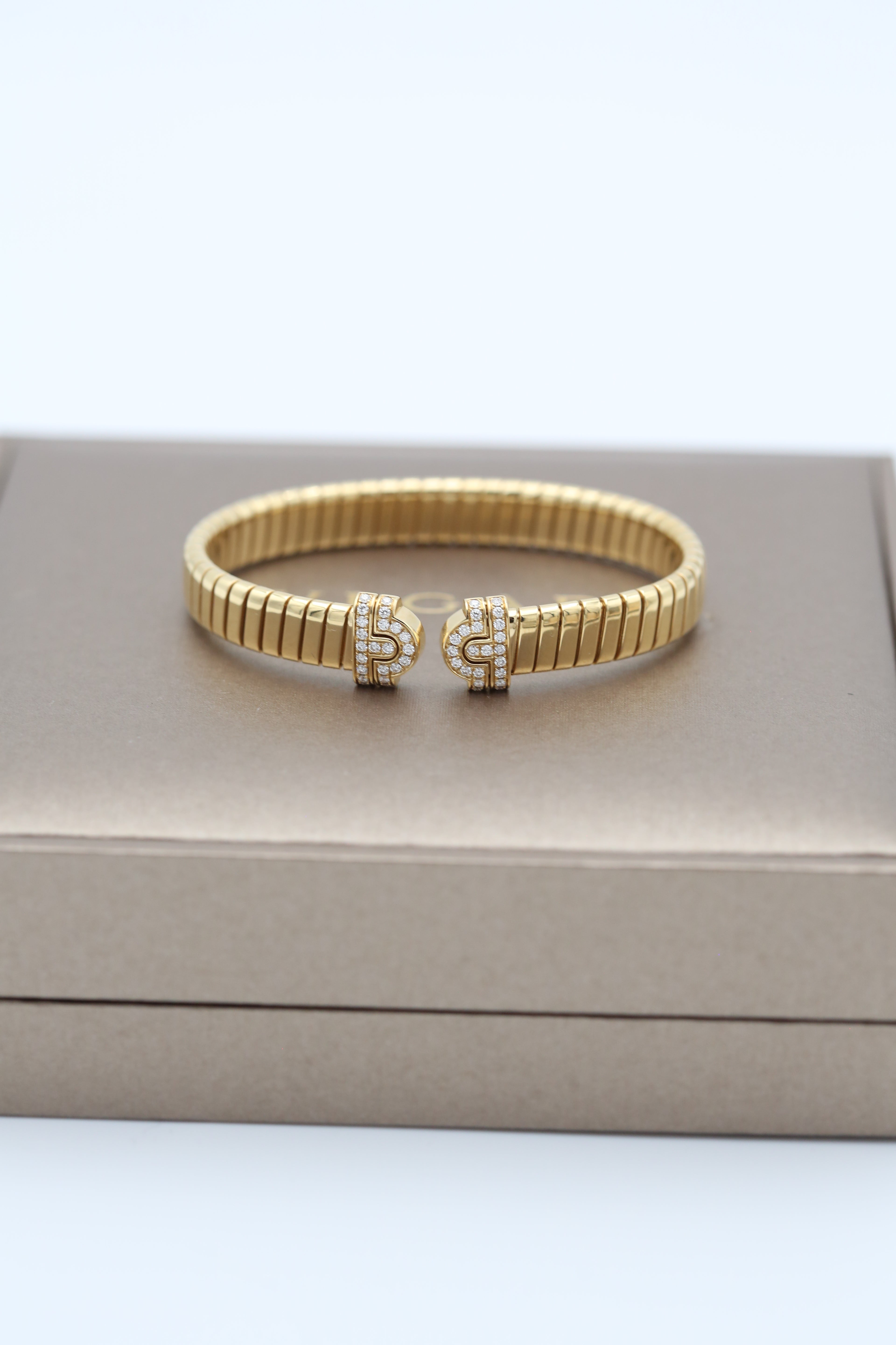 BVLGARI TUBOGAS BRACELET 18K YELLOW GOLD 0.35 TCW DIAMOND CUFF