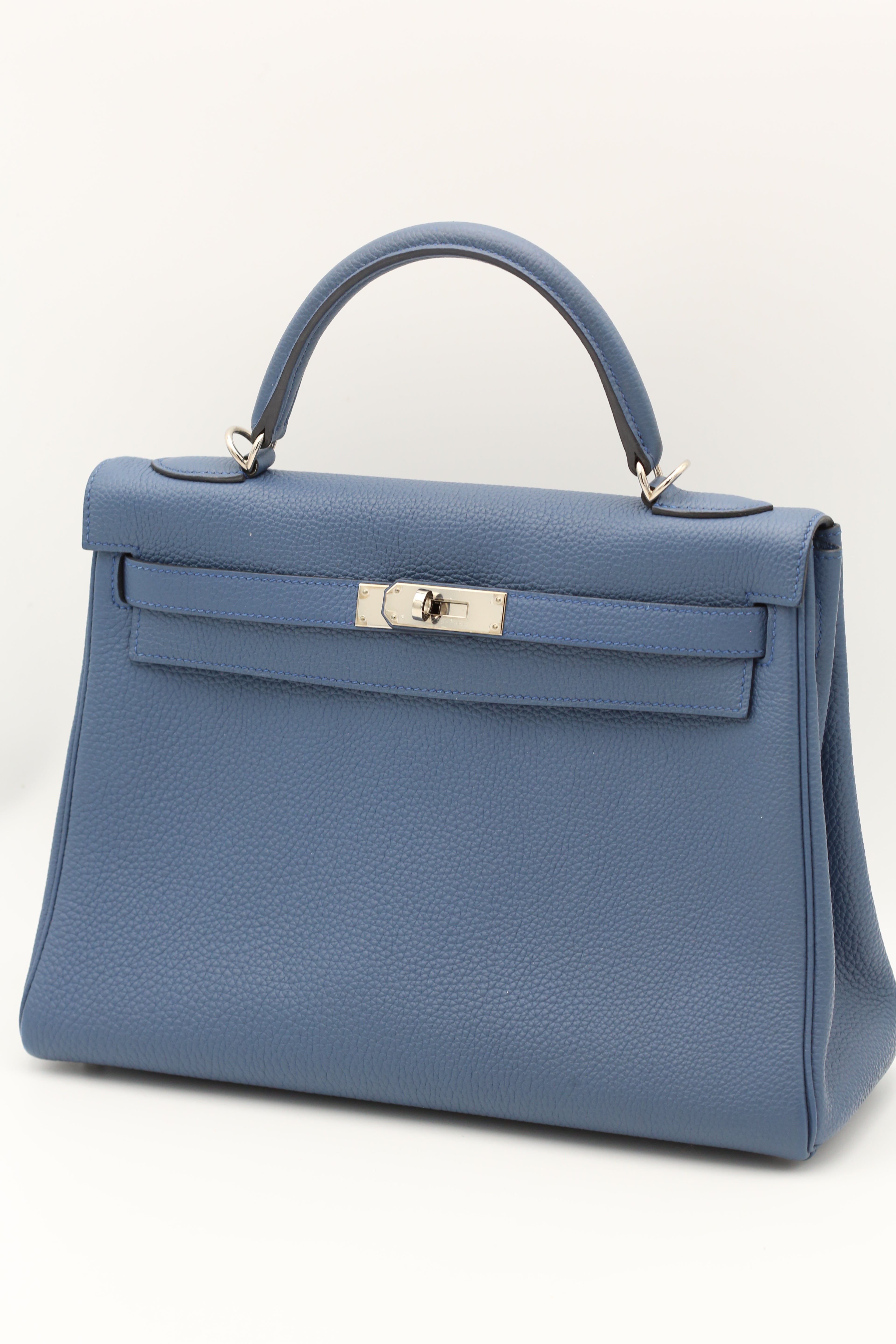 HERMÈS KELLY32 BLEU TIE TOGO SILVER X STAMP