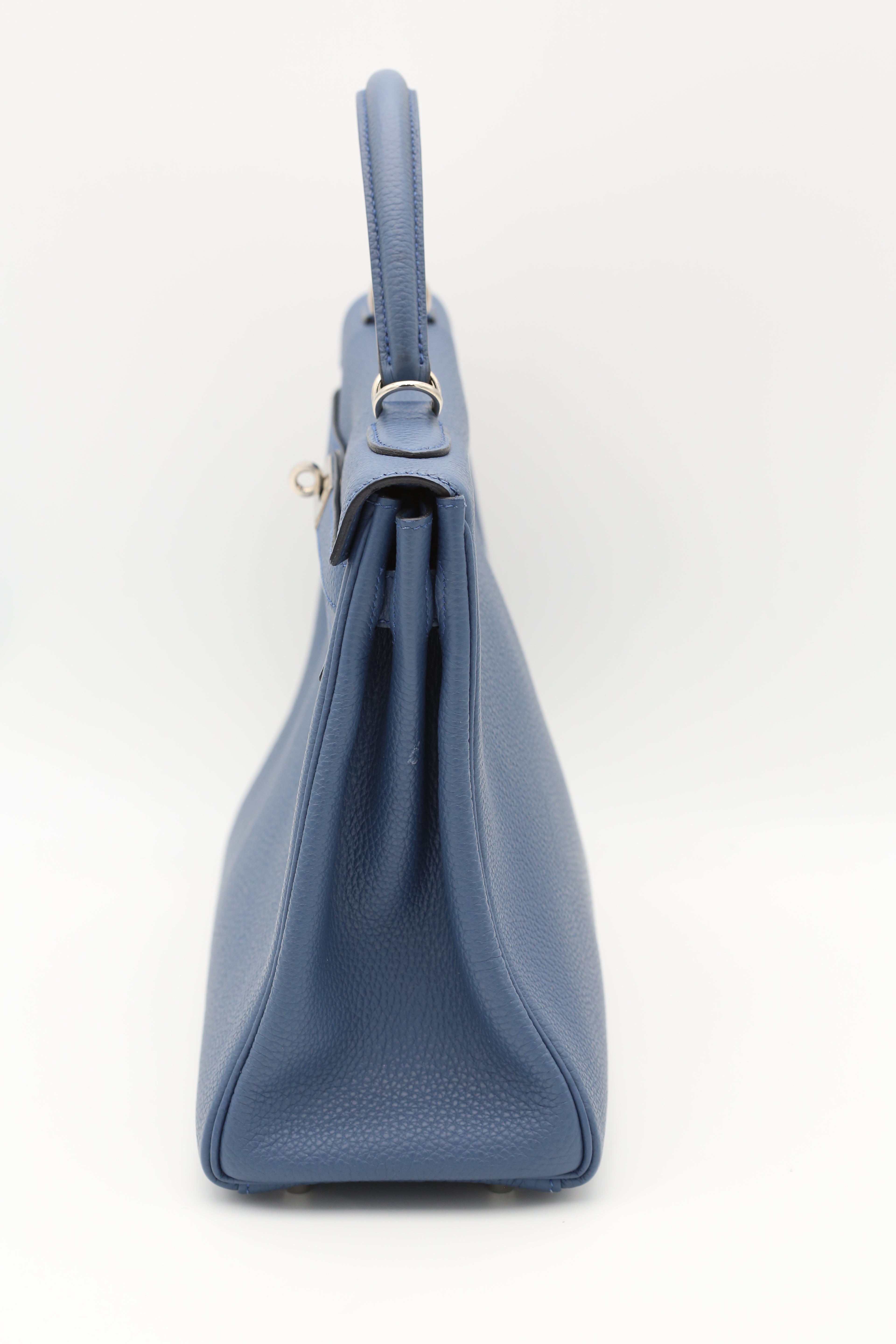 HERMÈS KELLY32 BLEU TIE TOGO SILVER X STAMP
