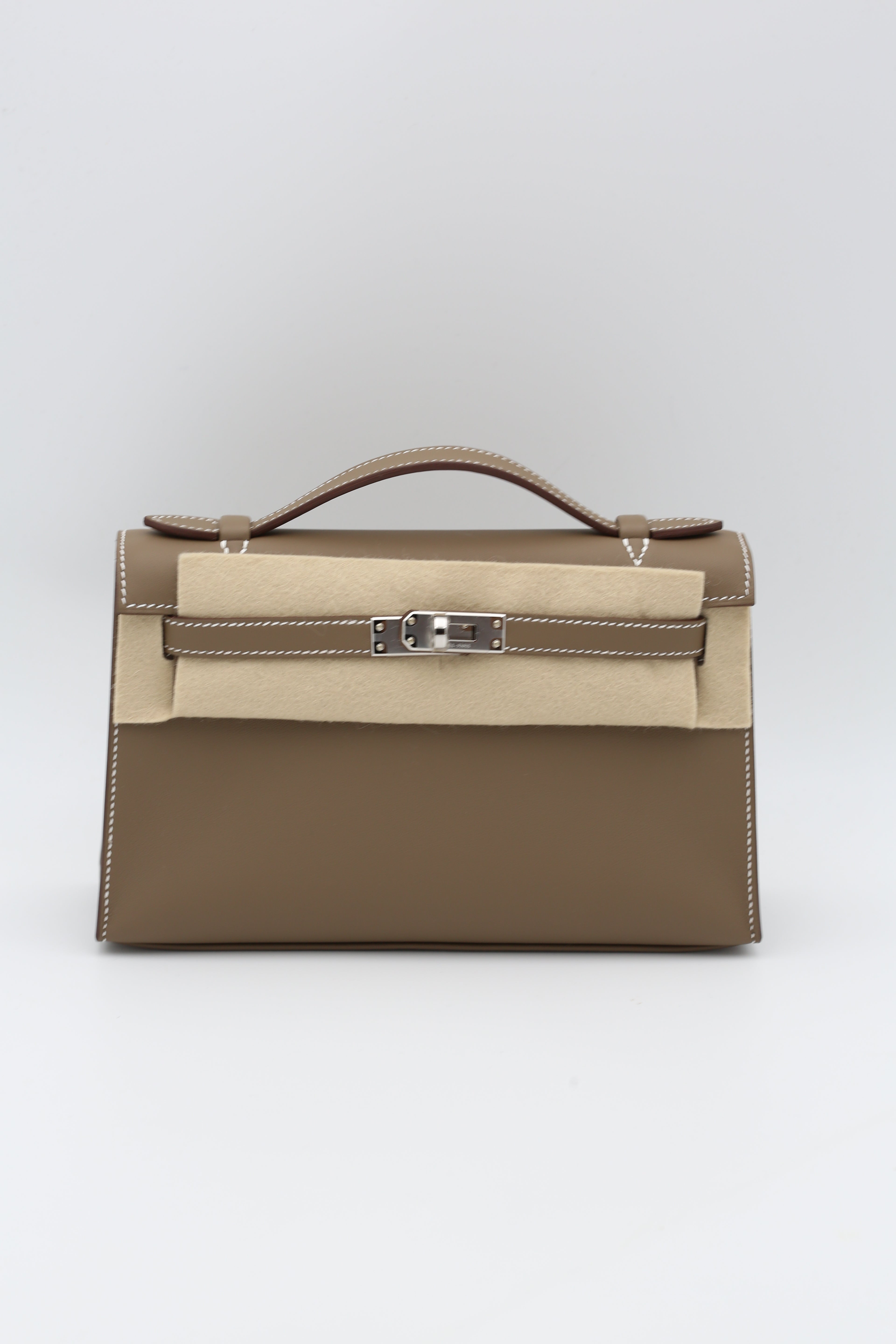 HERMÈS KELLY POCHETTE ETOUPE SWIFT SILVER HARDWARE G STAMP