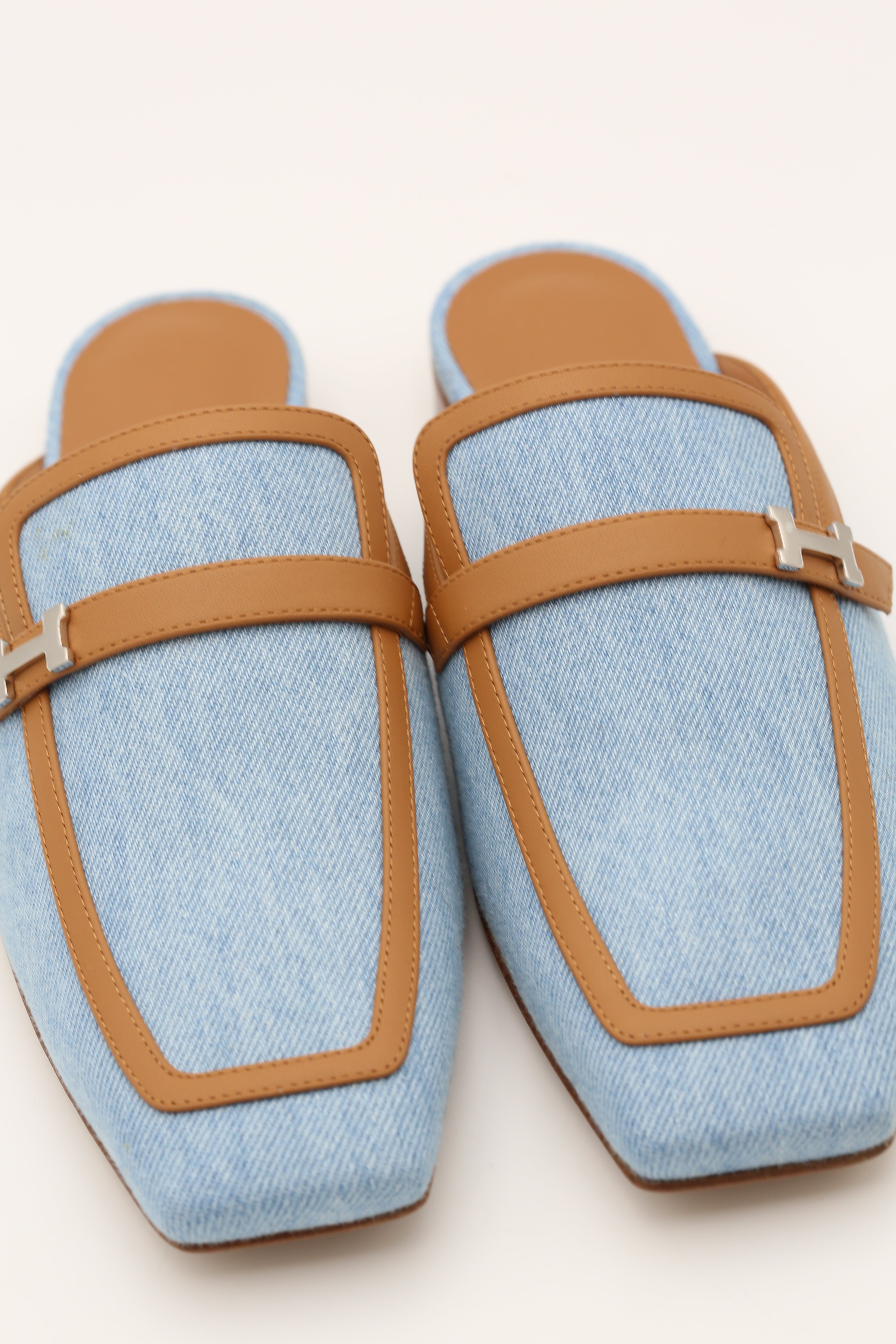 HERMÈS H MULE FEMME GROUPIE DENIM BLEU/NATUREL SIZE 36