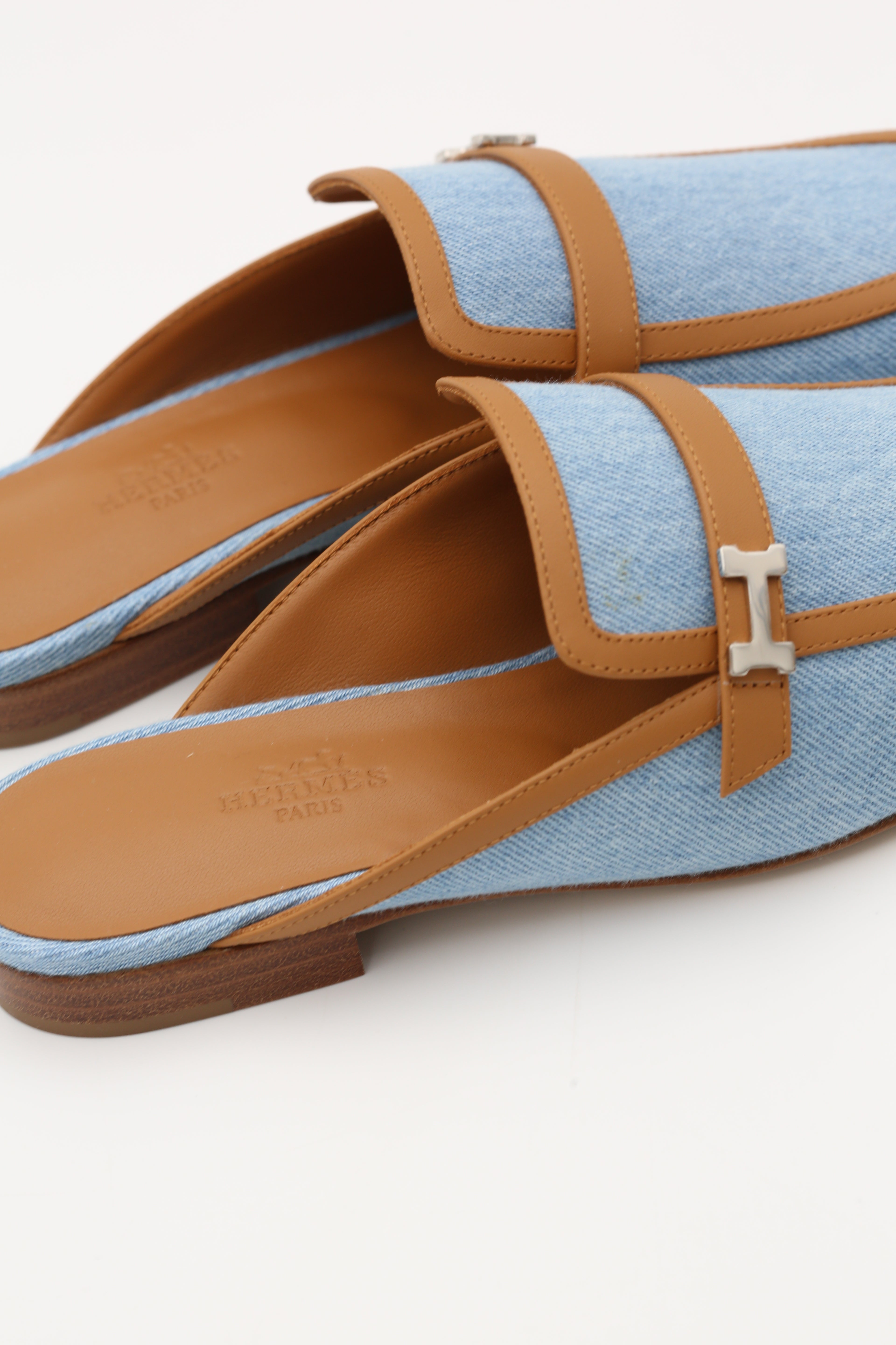 HERMÈS H MULE FEMME GROUPIE DENIM BLEU/NATUREL SIZE 36