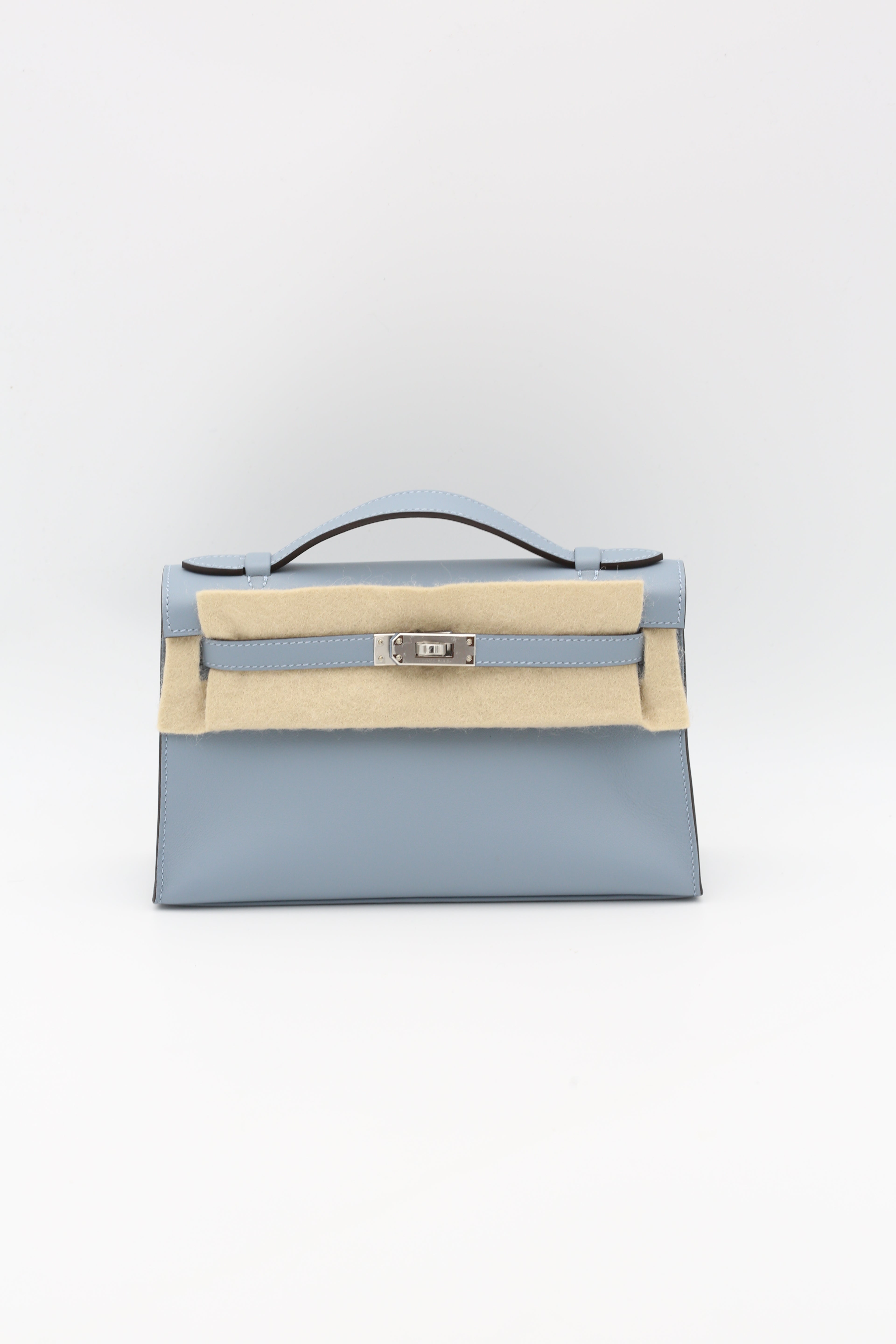 HERMÈS KELLY POCHETTE BLEU LIN SWIFT SILVER HARDWARE W STAMP