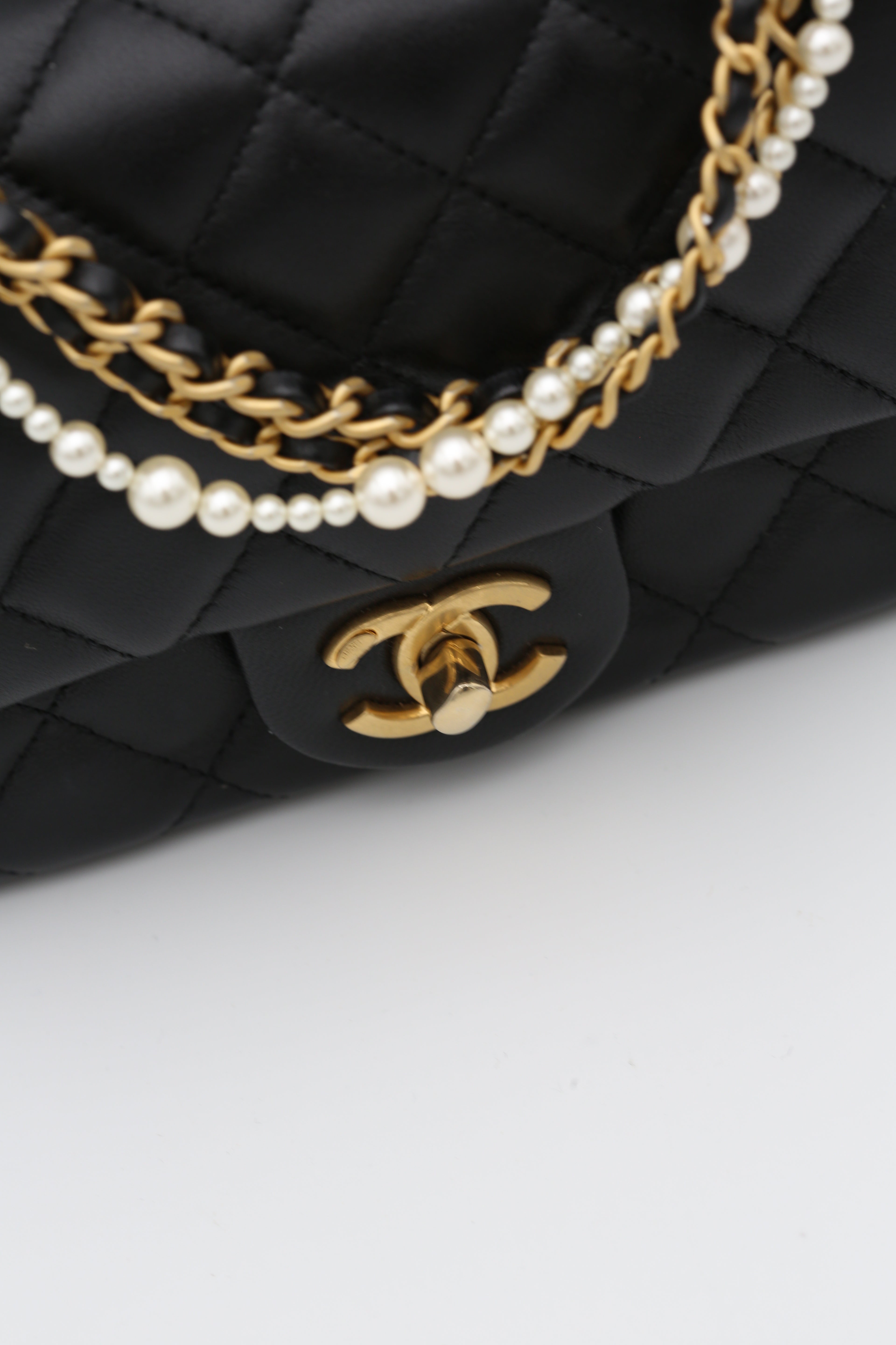 CHANEL MINI SQUARE FLAP BAG PEARL BLACK GOLD HARDWARE