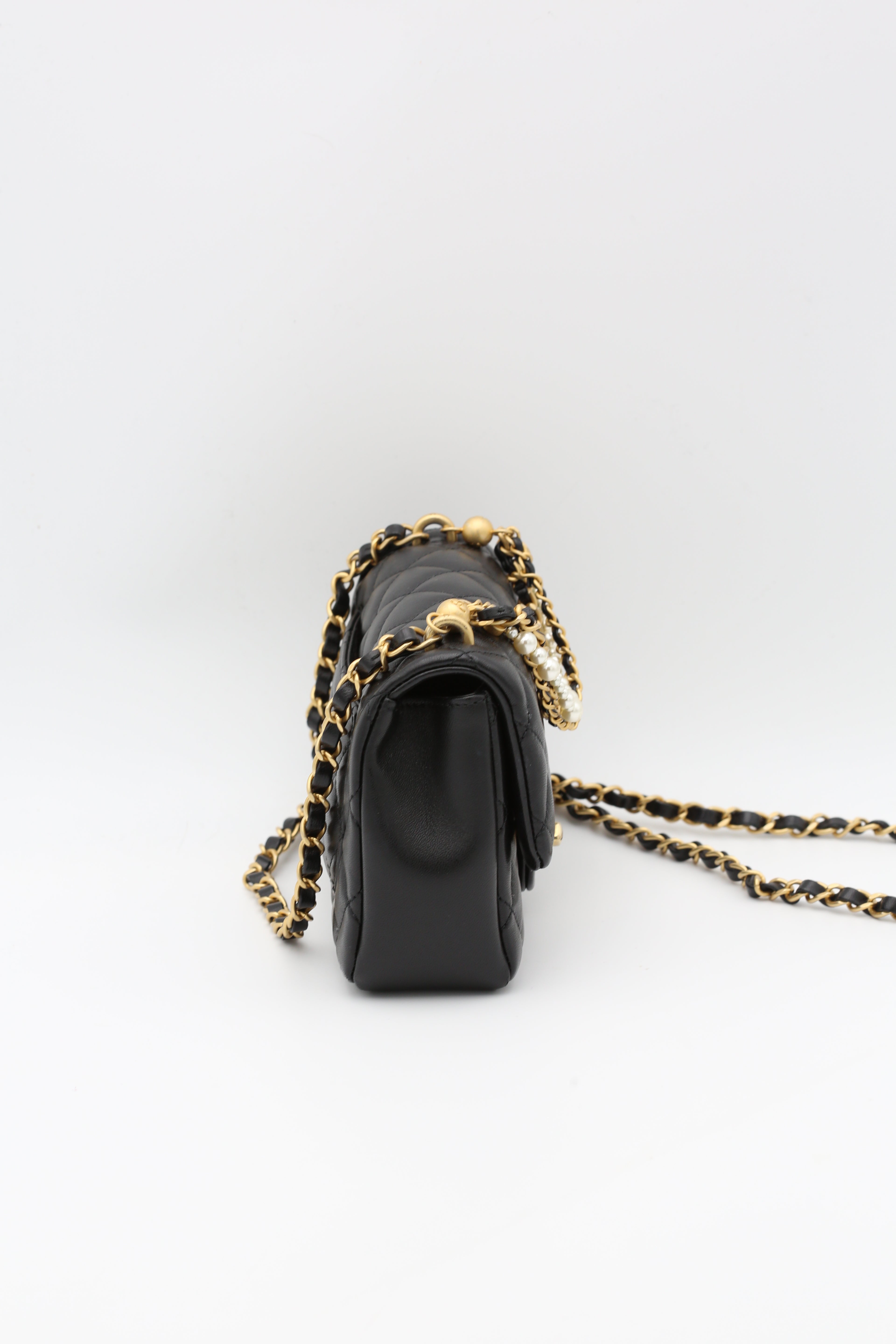 CHANEL MINI SQUARE FLAP BAG PEARL BLACK GOLD HARDWARE