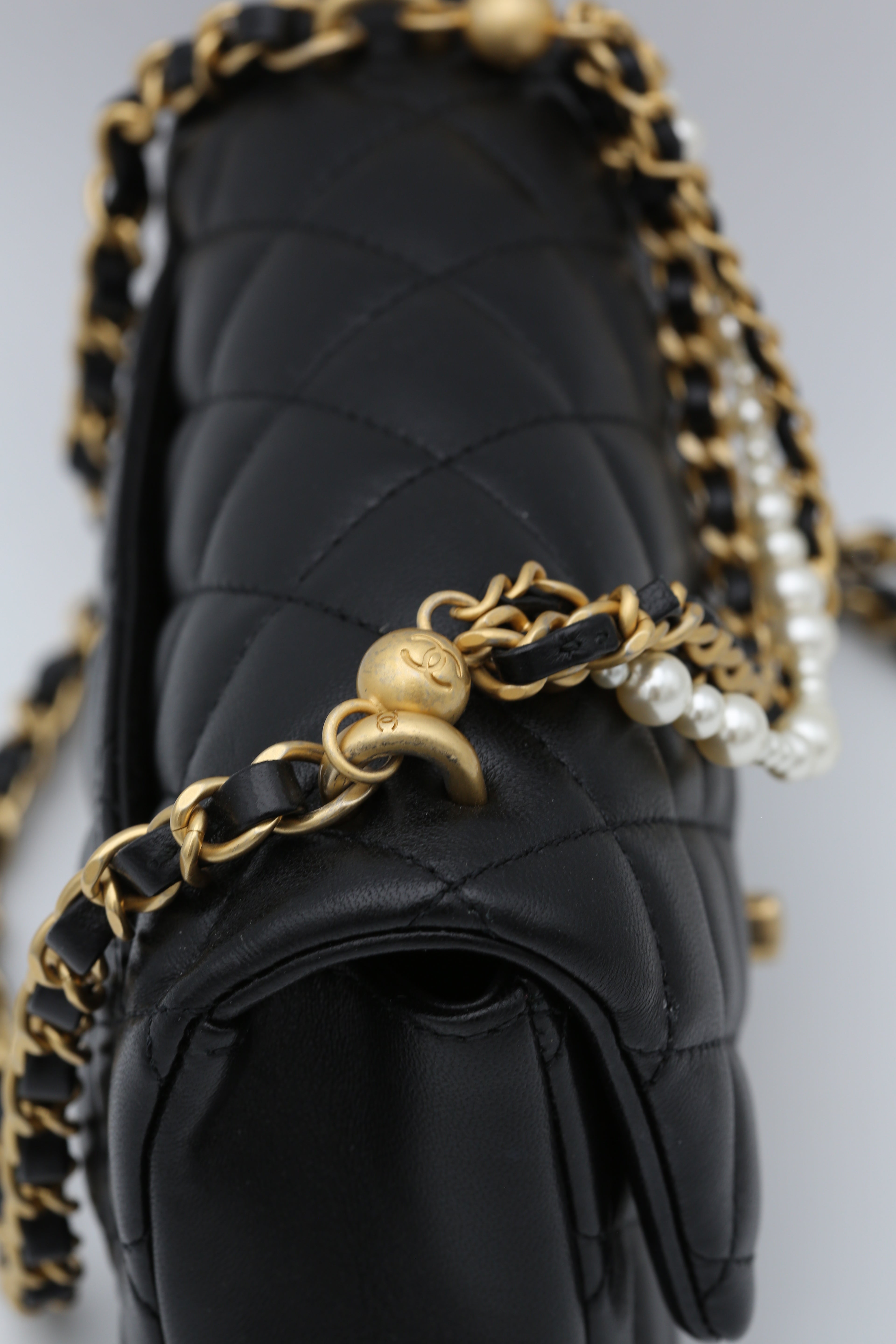 CHANEL MINI SQUARE FLAP BAG PEARL BLACK GOLD HARDWARE
