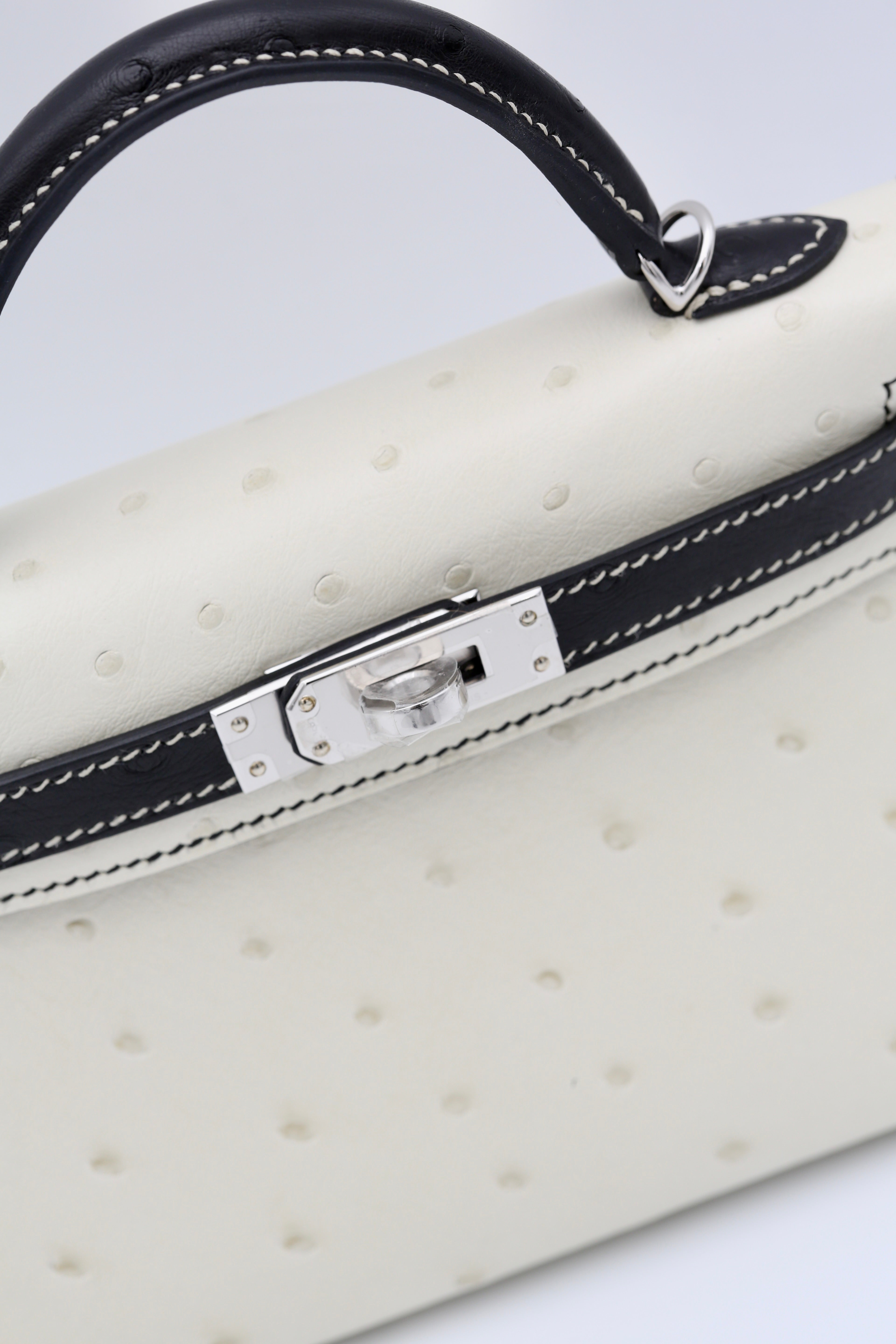 HERMÈS MINI KELLY II OSTRICH BLACK & WHITE SILVER HARDWARE W STAMP