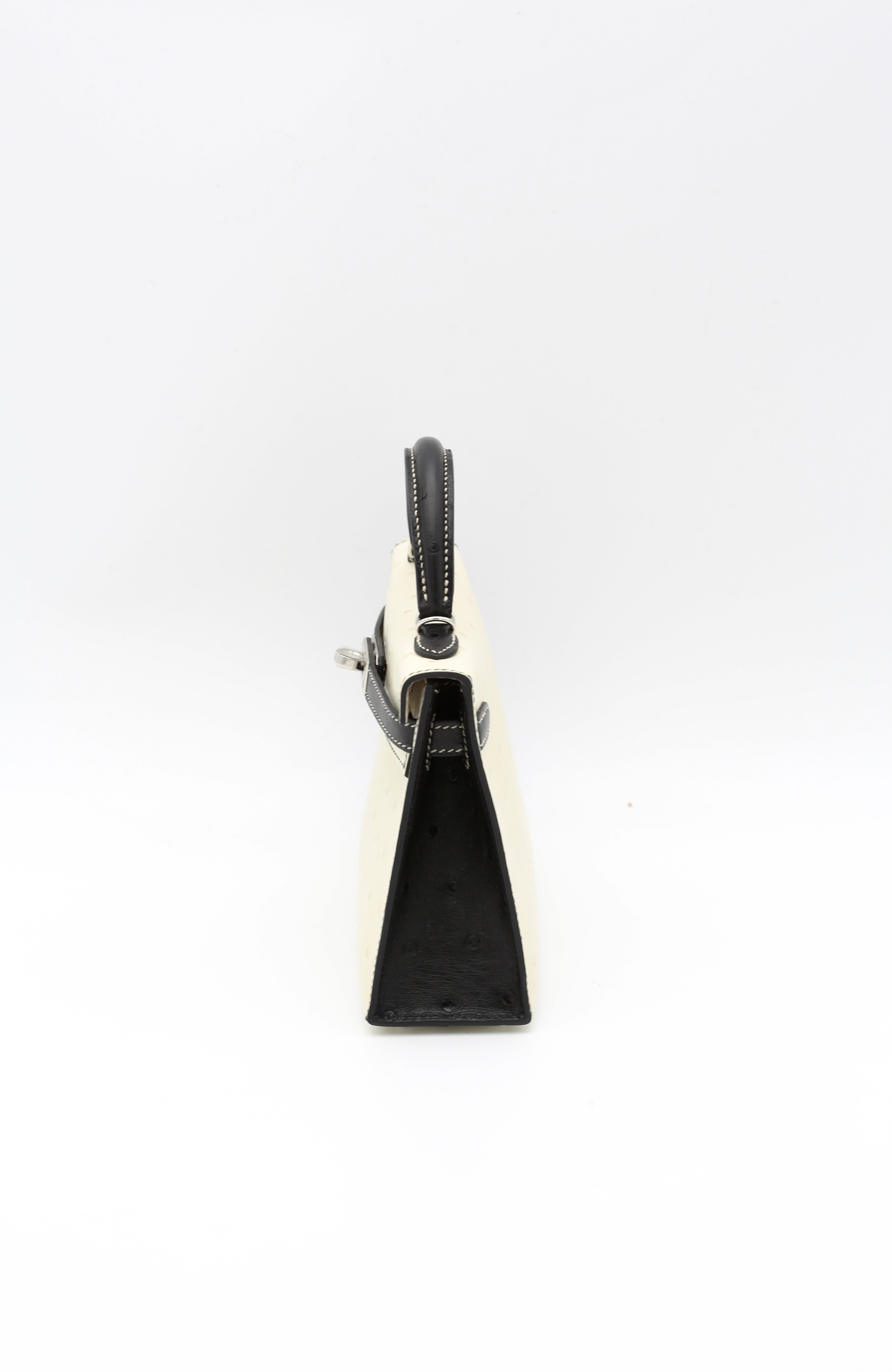 HERMÈS MINI KELLY II OSTRICH BLACK & WHITE SILVER HARDWARE W STAMP